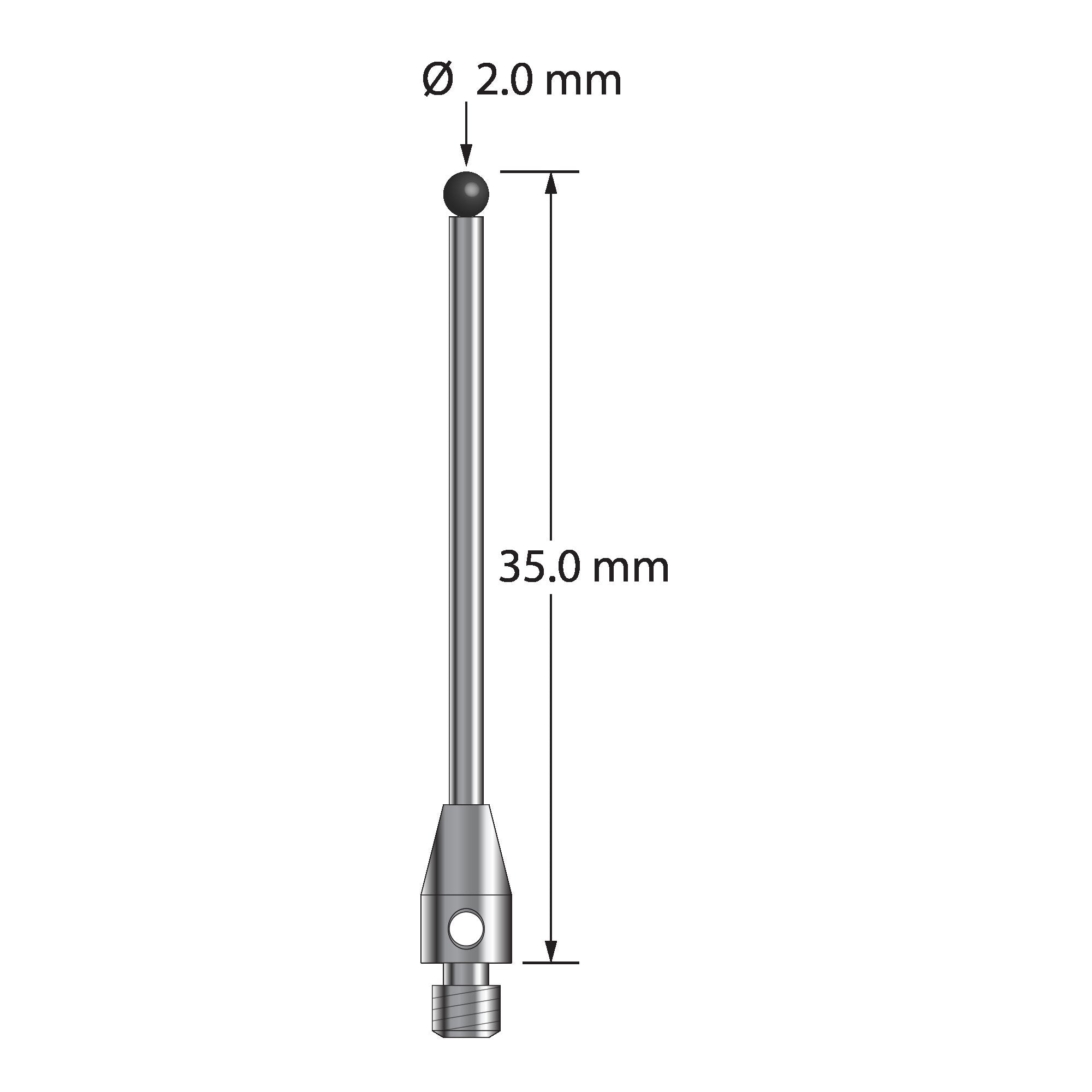 TM3-2035-SN M3 stylus with 2.0mm silicon nitride ball, carbide stem, and stainless steel base, 35mm long.