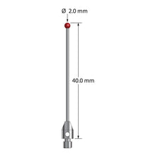 TM3-2040-06 M3 stylus with 2.0mm ruby ball, carbide stem, and stainless steel base, 40mm long.
