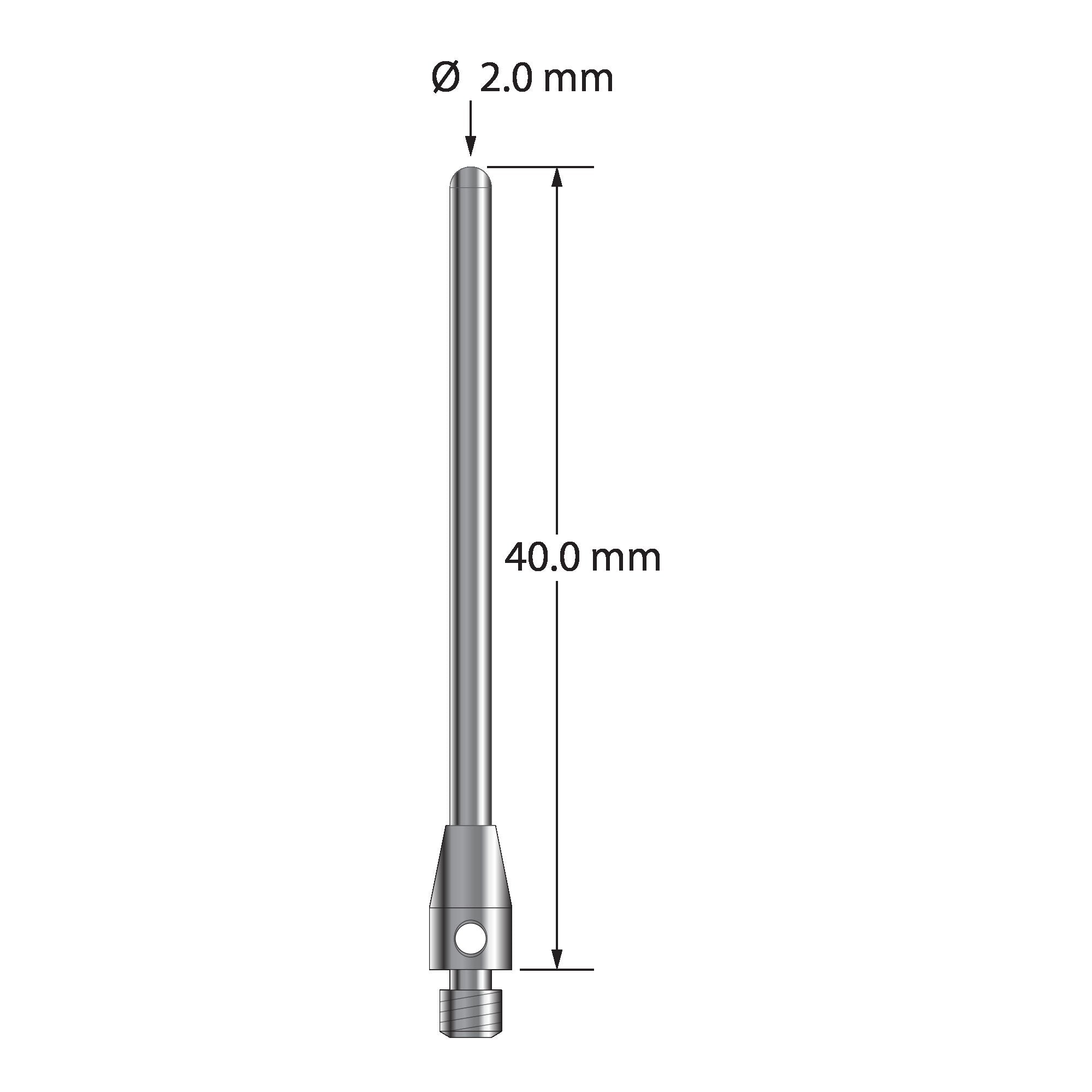 TM3-2040-BC M3 cylinder stylus with 2.0mm carbide cylinder and stainless steel base, 40.0mm long.