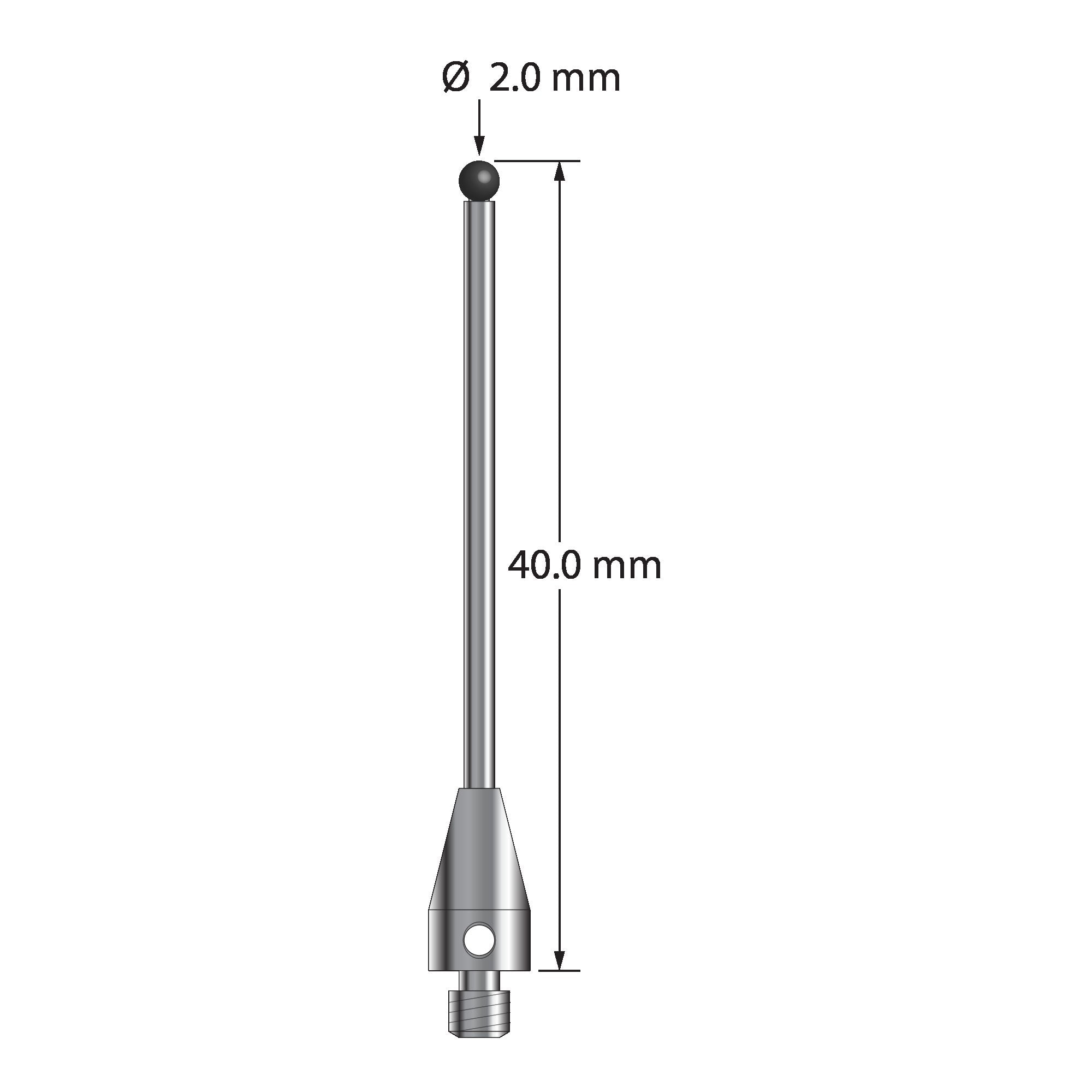 TM3-2040-TX-SN M3 2.0mm silicon nitride ball stylus with carbide stem and titanium base, 40.0mm long by Q-Mark Manufacturing, Inc.