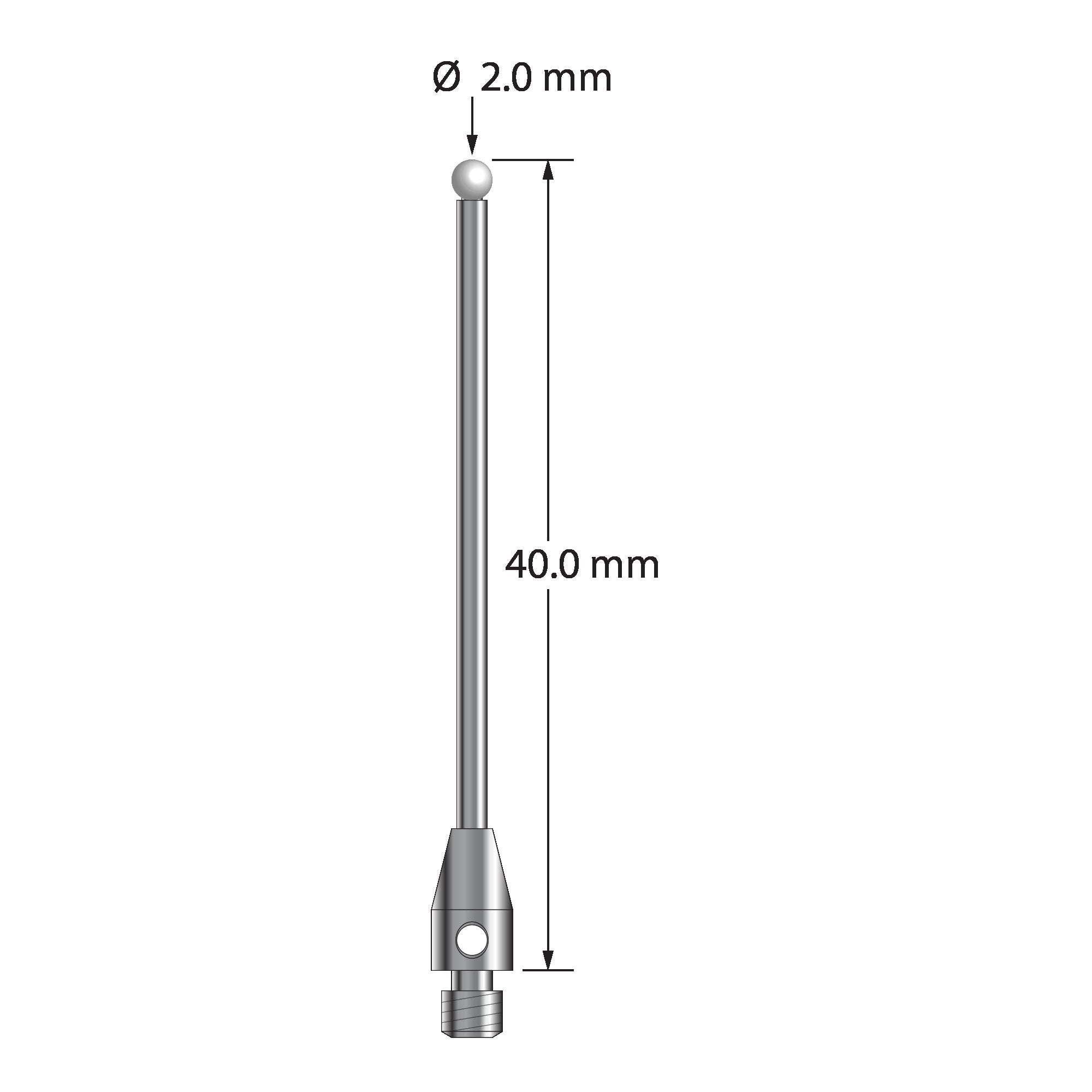 TM3-2040-Z M3 stylus with 2.0mm zirconia ball, carbide stem, and stainless steel base, 40.0mm long by Q-Mark Manufacturing, Inc.