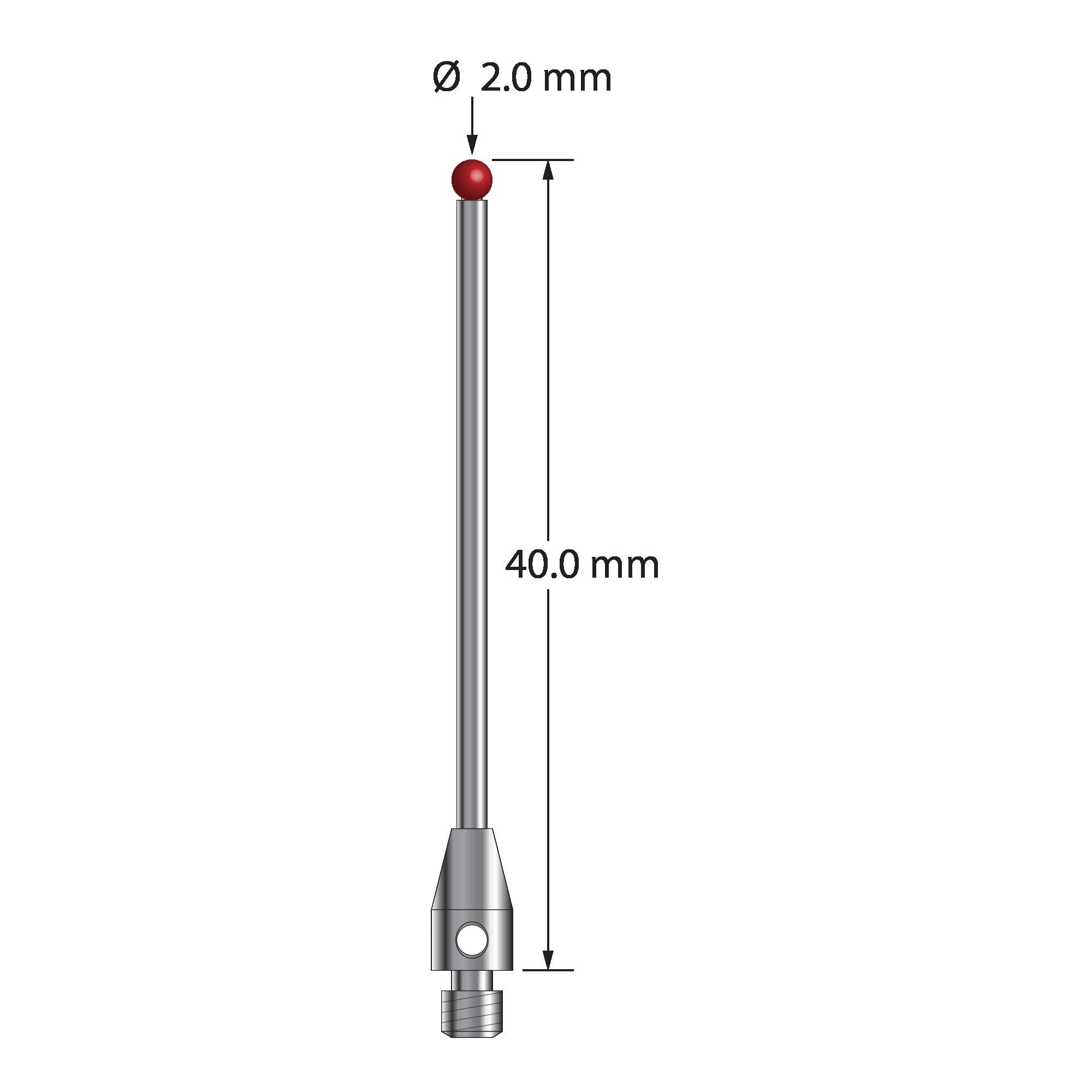 TM3-2040 M3 stylus with 2.0mm ruby ball, carbide stem, and stainless steel base, 40mm long.