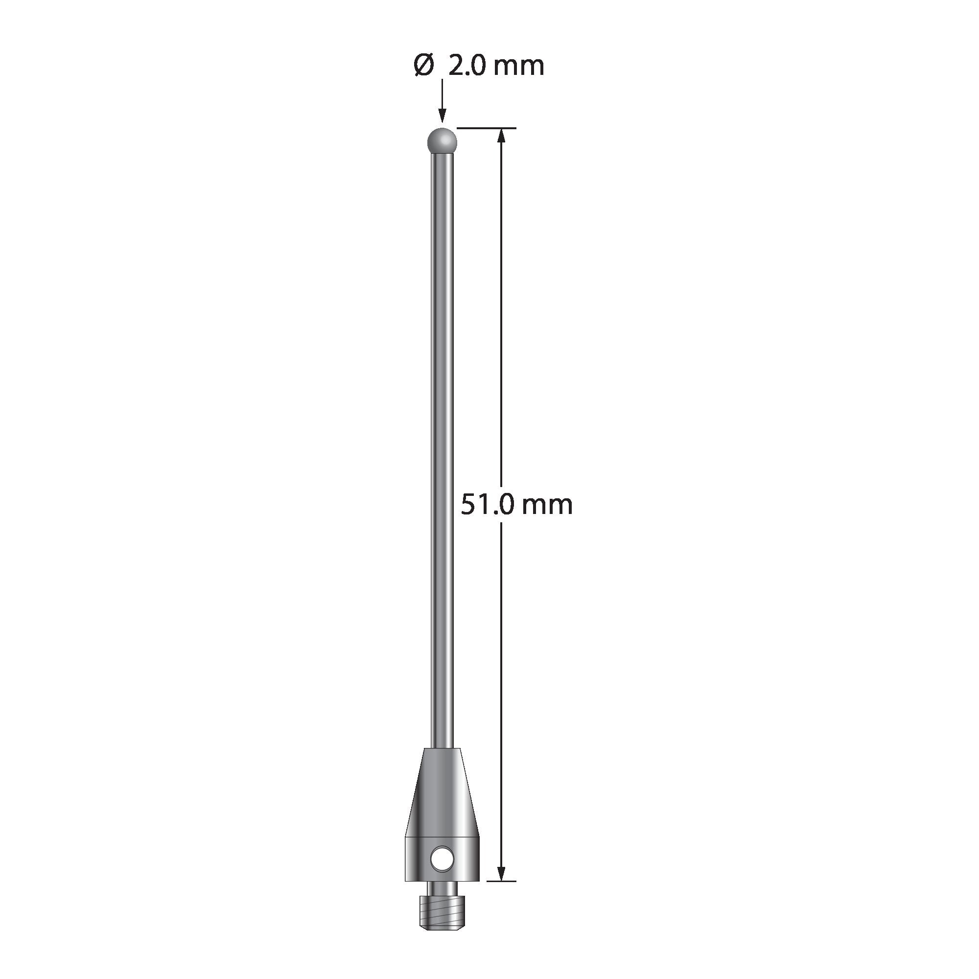 TM3-2051-TX-D M3 stylus with 2.0mm solid diamond sphere, carbide stem, and titanium base.