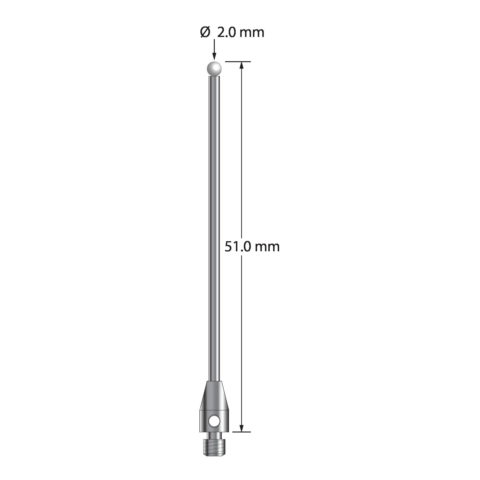 TM3-2051-Z M3 stylus with 2.0mm zirconia ball, carbide stem, and stainless steel base, 51.0mm long.