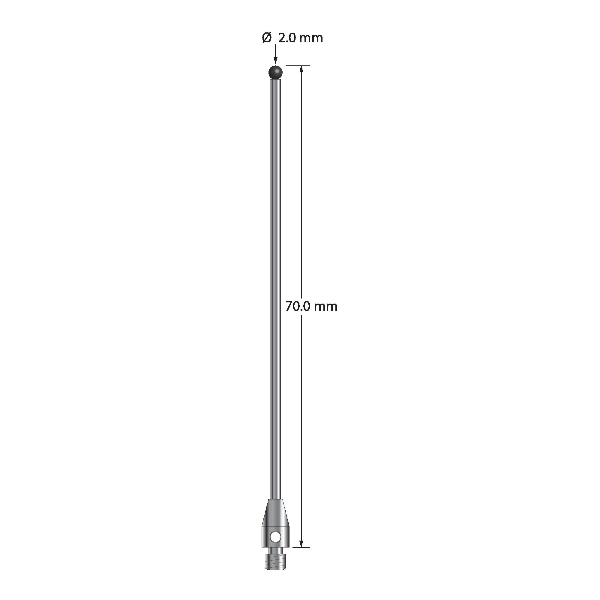 TM3-2070-SN M3 stylus with 2.0mm silicon nitride ball, carbide stem, and stainless steel base, 70mm long.