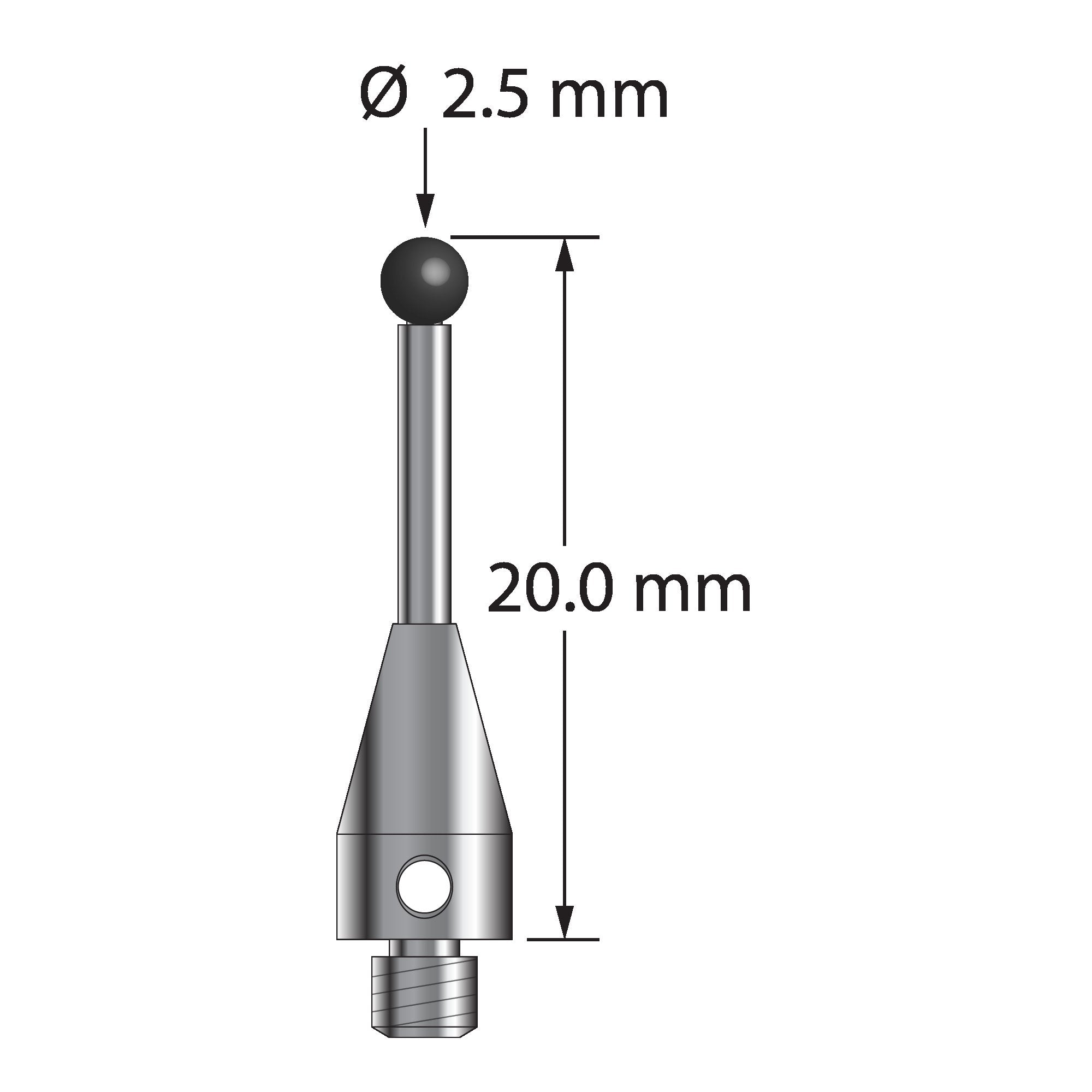 TM3-2520-TX-SN M3 stylus with 2.5mm silicon nitride ball, carbide stem, titanium base, 20mm length.
