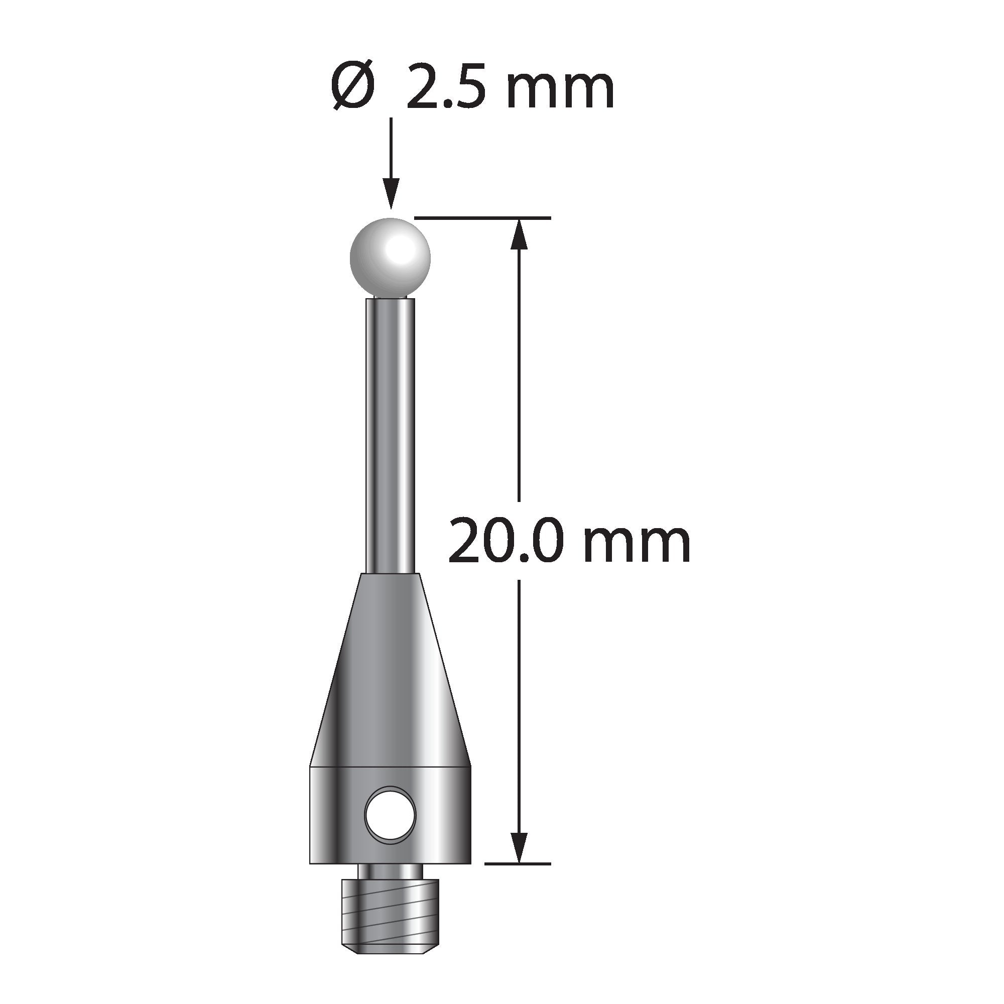 TM3-2520-TX-Z M3 stylus with 2.5mm zirconia ball, carbide stem, and titanium base, 20mm long.