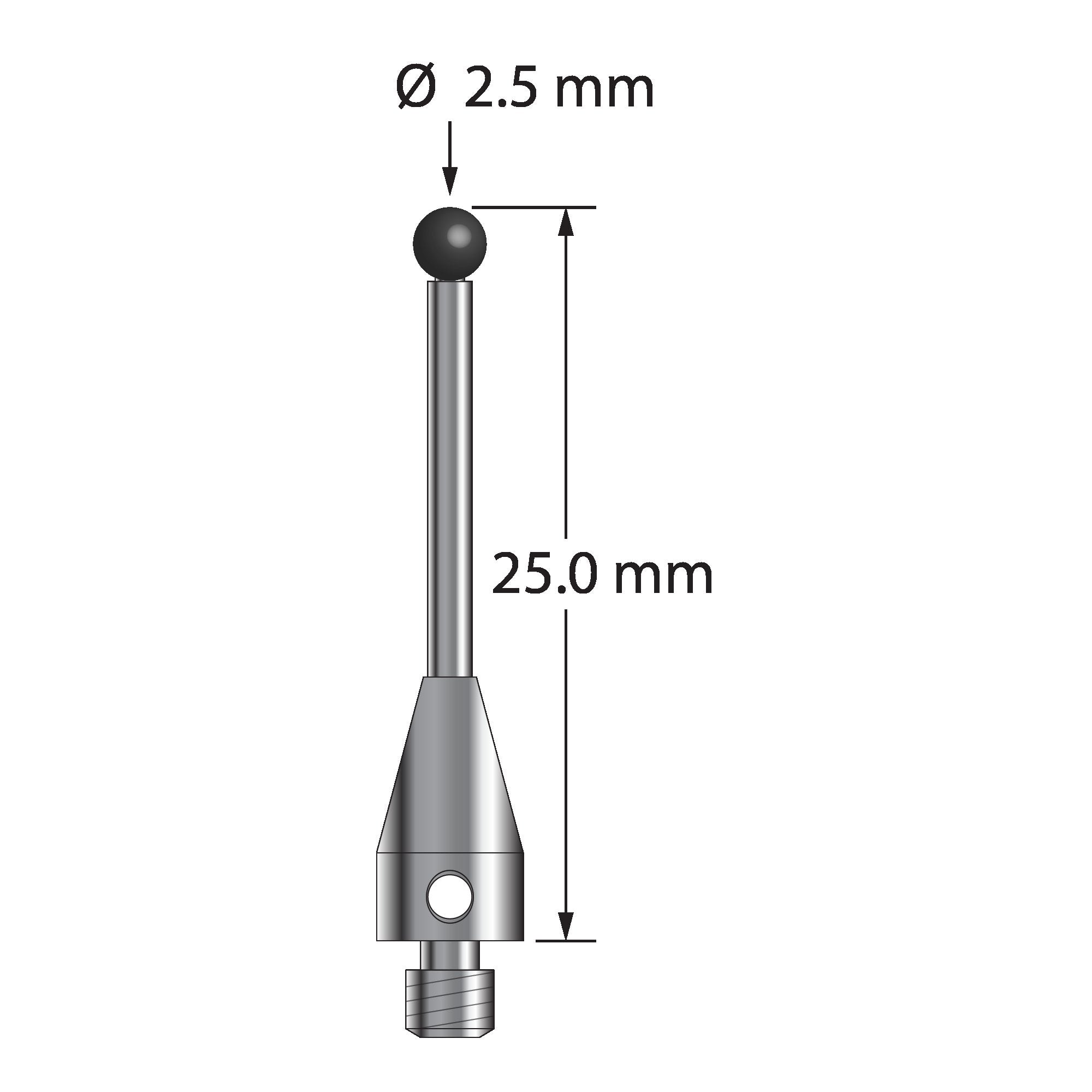 TM3-2525-TX-SN M3 stylus with 2.5mm silicon nitride ball, carbide stem, and titanium base, 25mm long.