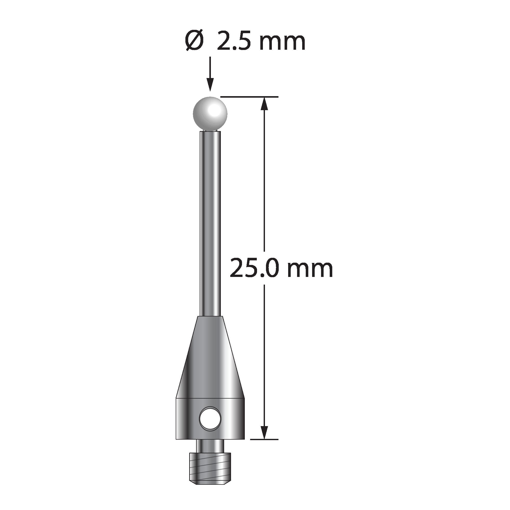 TM3-2525-TX-Z M3 stylus with 2.5mm zirconia ball, carbide stem, and titanium base, 25mm long.