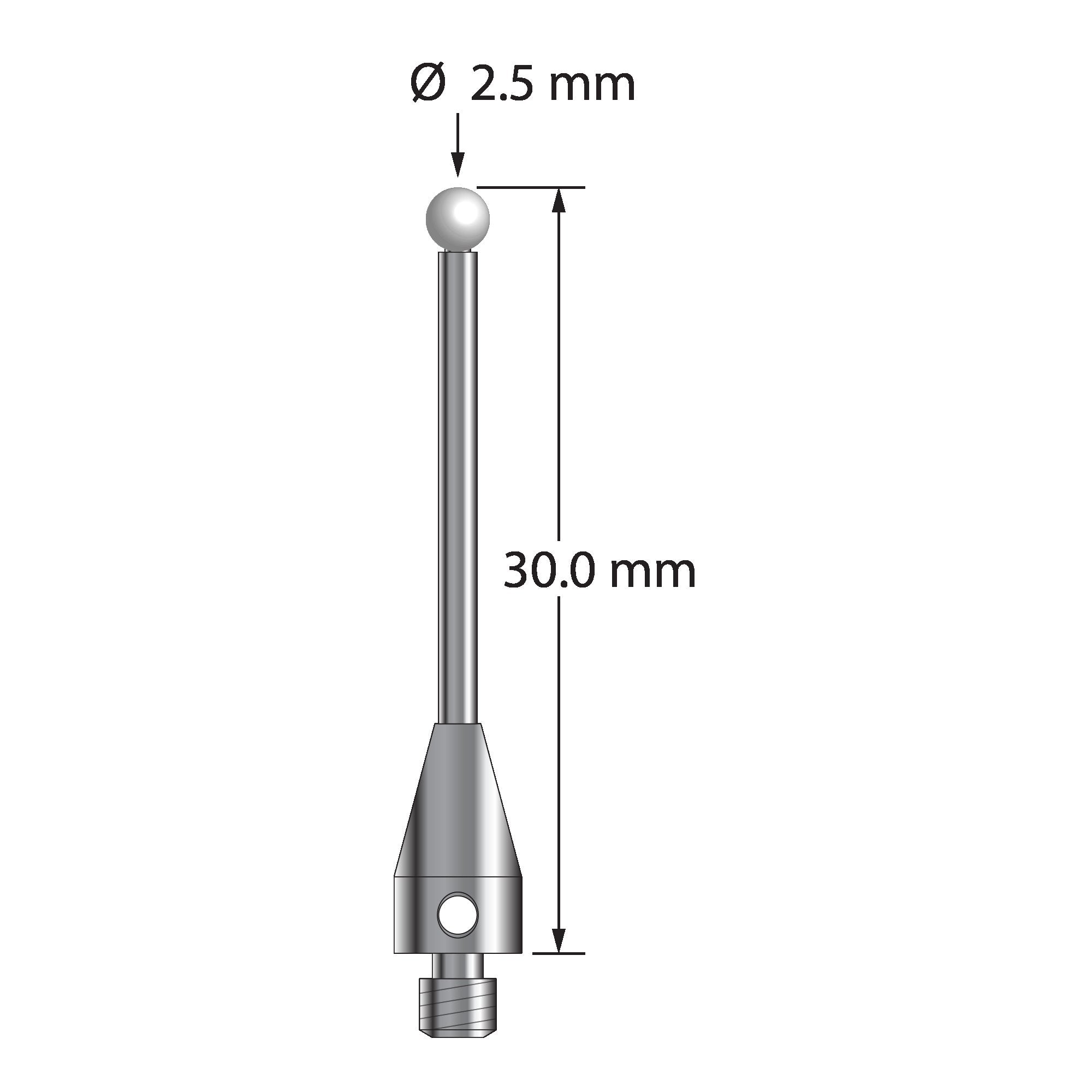 TM3-2530-TX-Z M3 stylus with 2.5mm zirconia ball, carbide stem, and titanium base, 30mm long.