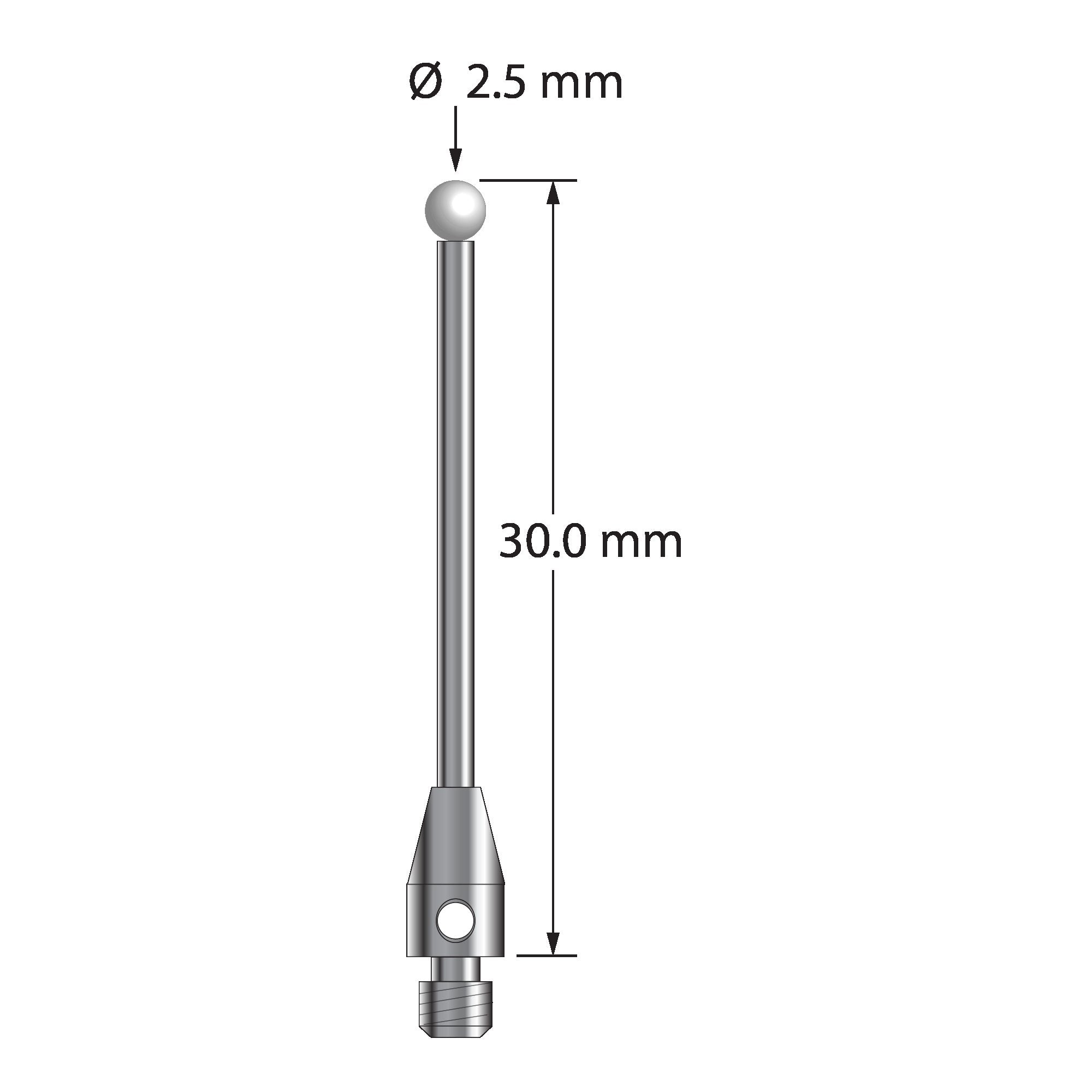 TM3-2530-Z M3 stylus with 2.5mm zirconia ball, carbide stem, and stainless steel base, 30mm long.
