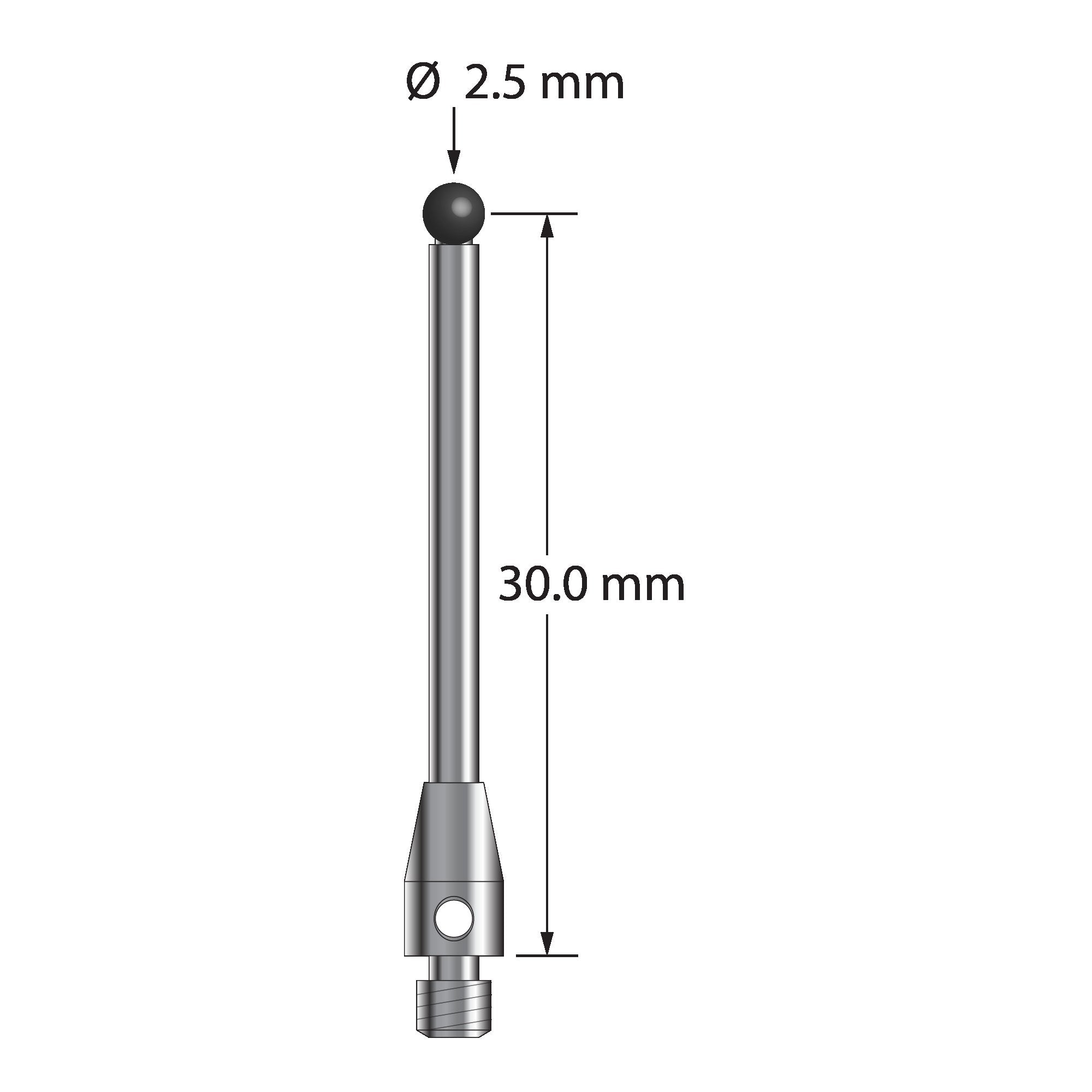 TM3-2531.25-DS2-SN M3 stylus with 2.5mm silicon nitride ball and stainless steel base, 30mm long.
