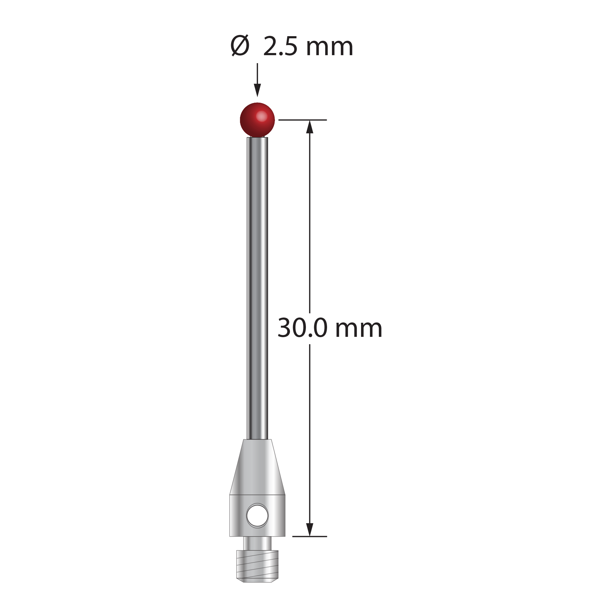TM3-2531.25 M3 stylus with 2.5mm ruby ball, carbide stem, and stainless steel base, 30mm long.
