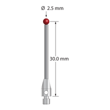 TM3-2531.25 M3 stylus with 2.5mm ruby ball, carbide stem, and stainless steel base, 30mm long.