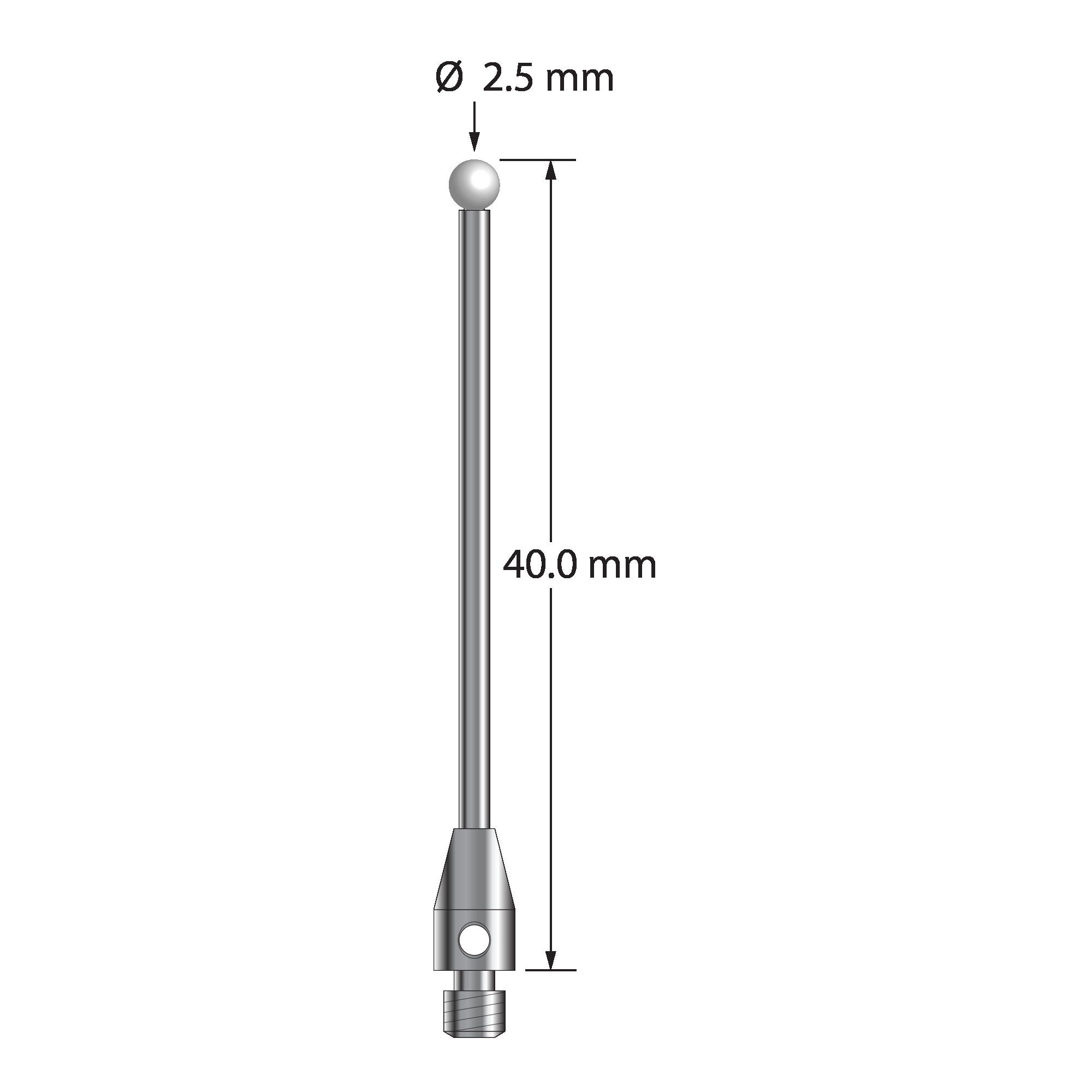TM3-2540-Z M3 stylus with 2.5mm zirconia ball, carbide shaft, and stainless steel base, 40mm long.