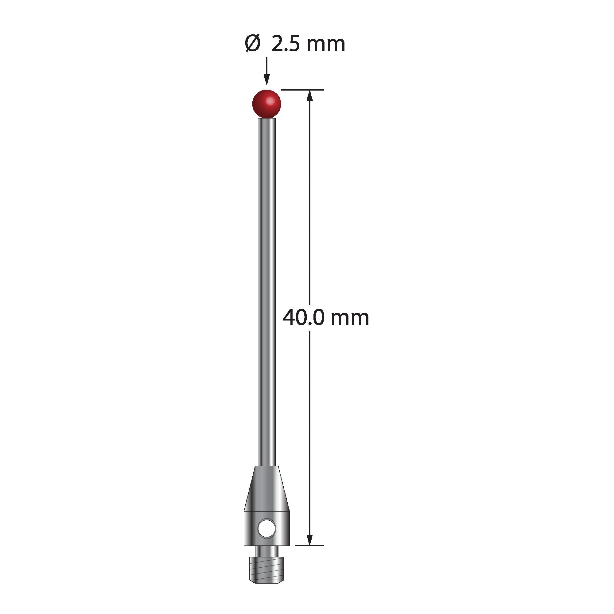 TM3-2540 M3 stylus with 2.5mm ruby ball, carbide shaft, and stainless steel base, 40mm long.