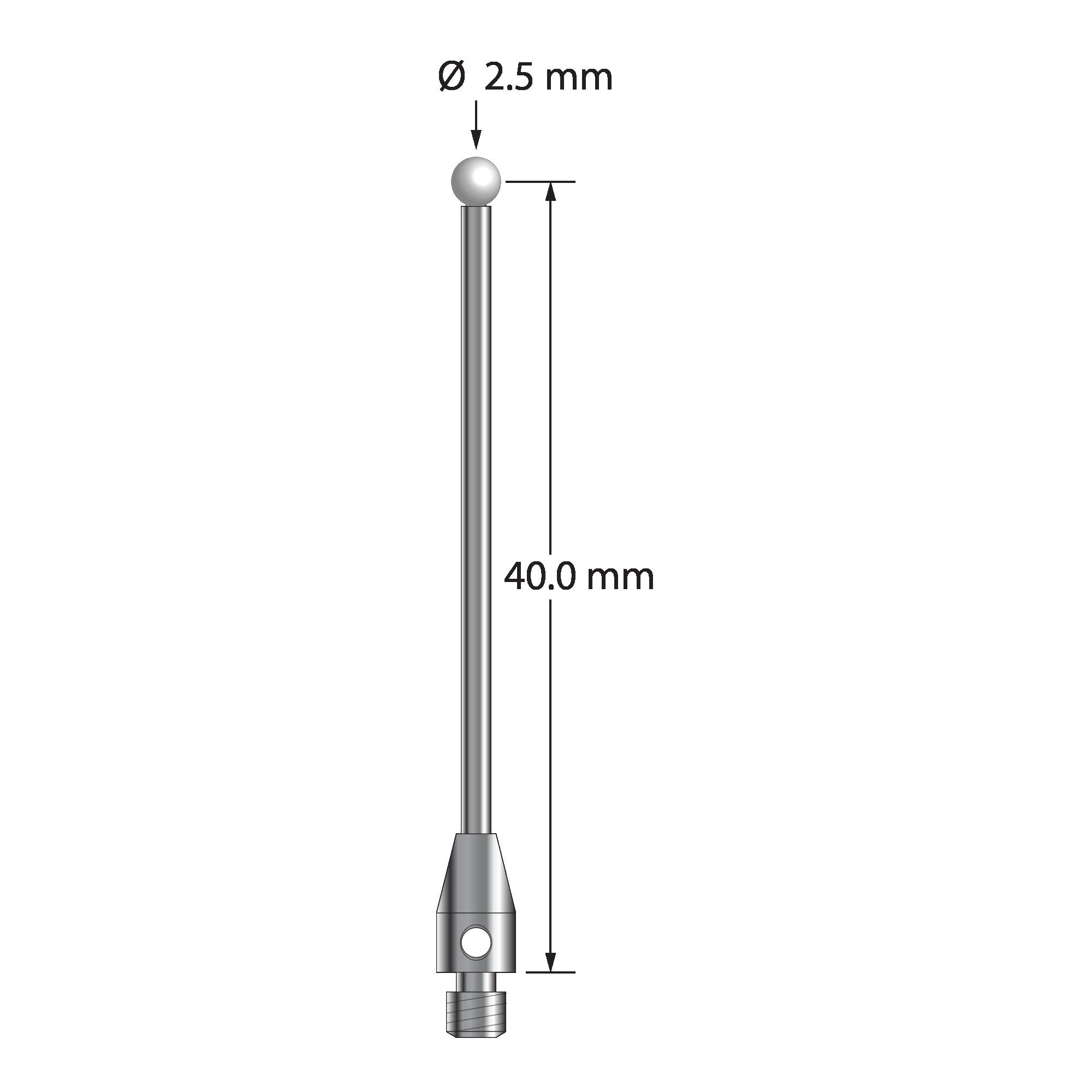 TM3-2541.25-Z M3 stylus with 2.5mm zirconia ball, carbide stem, and stainless steel base, 40mm long.
