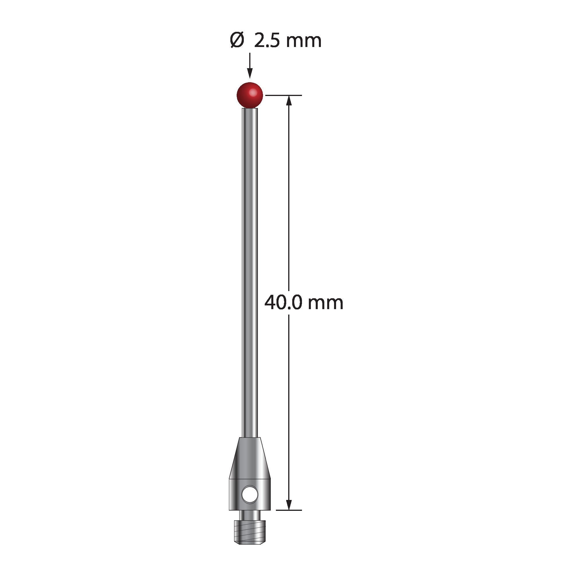 TM3-2541.25 M3 stylus with 2.5mm ruby ball, carbide stem, and stainless steel base, 40mm long.