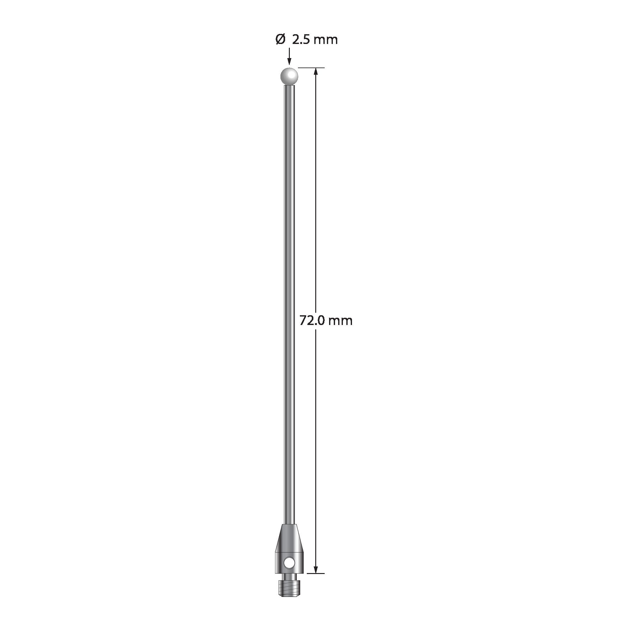 TM3-2572-Z M3 stylus with 2.5mm zirconia ball, carbide stem, and stainless steel base, 72mm long.