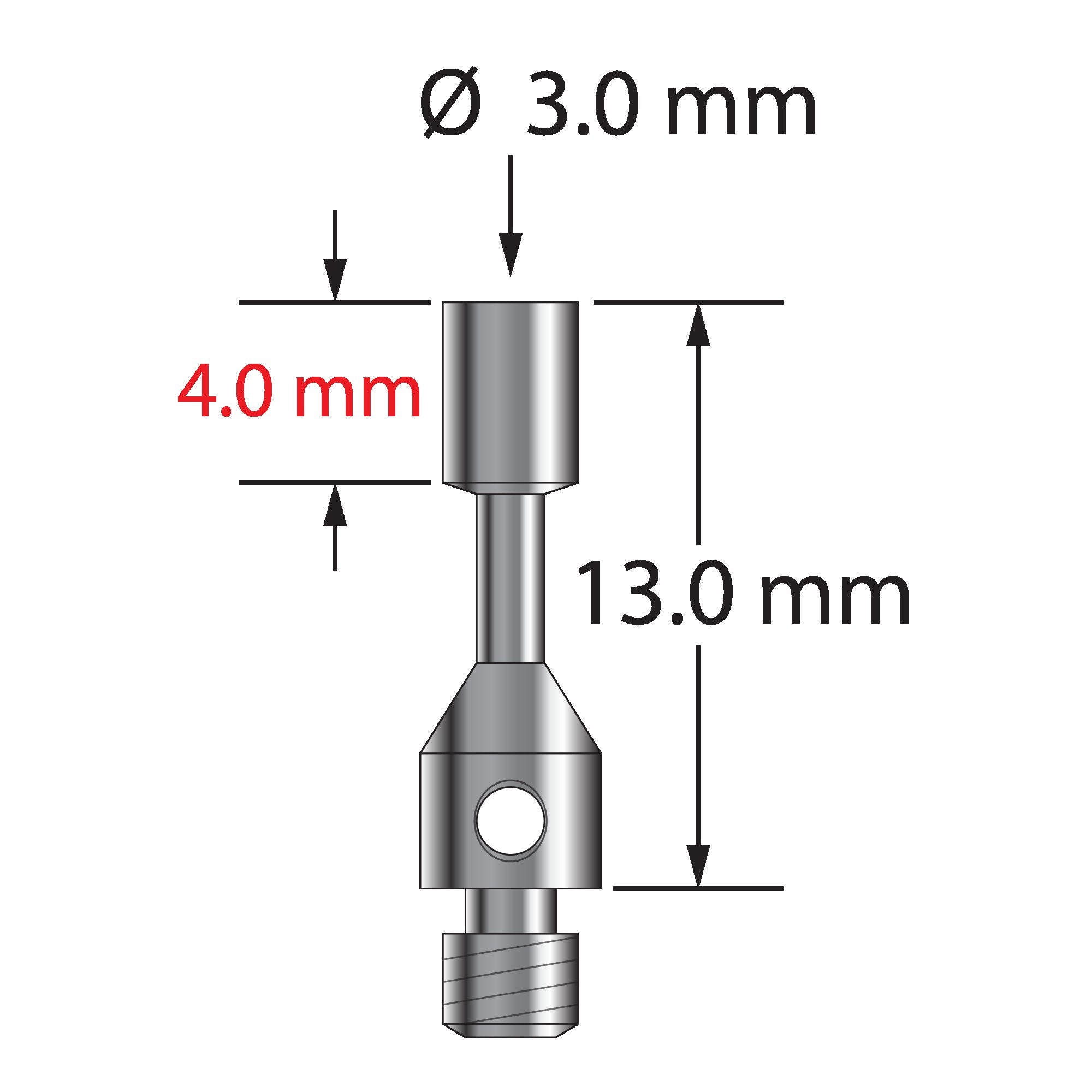 TM3-3013-CYL M3 cylinder stylus, 3.0mm stainless steel cylinder, 13.0mm long, by Q-Mark Manufacturing, Inc.