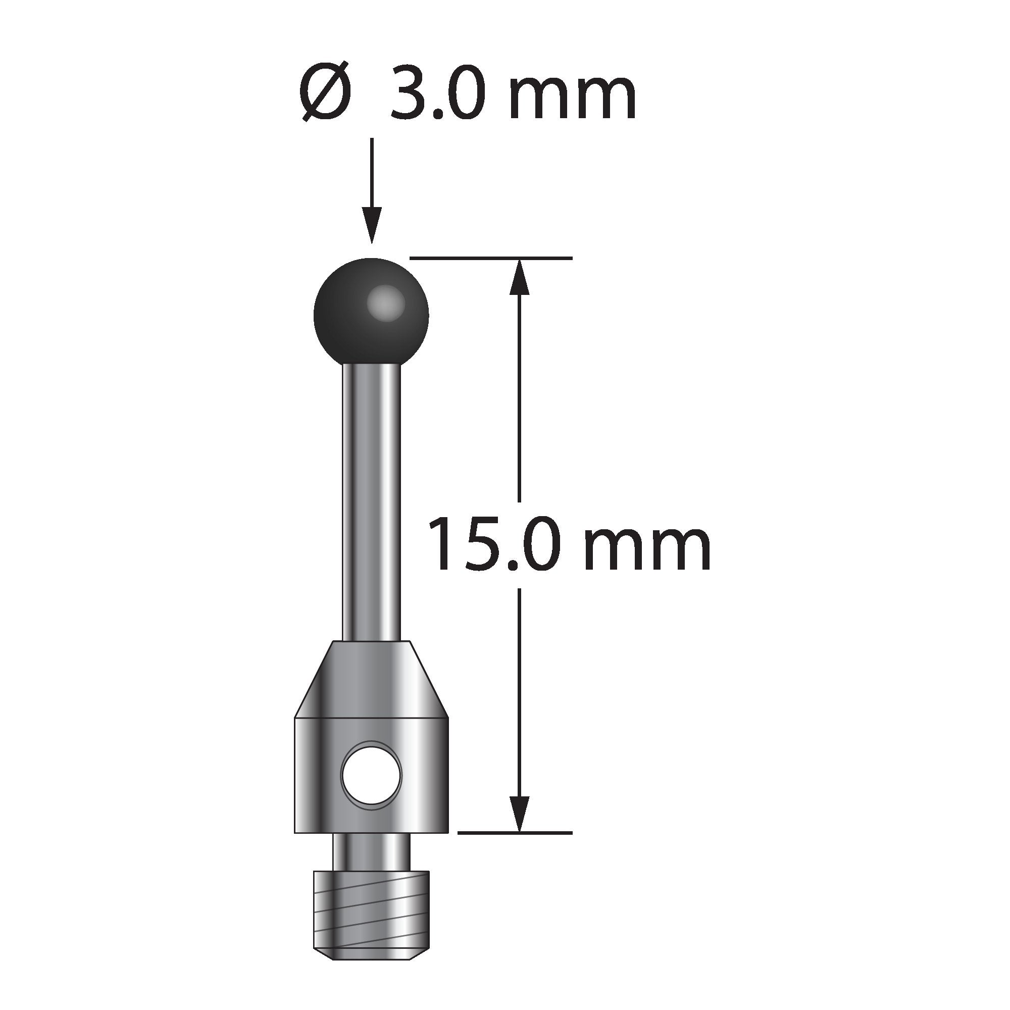 TM3-3015-SN M3 stylus with 3.0mm silicon nitride ball, carbide stem, and stainless steel base, 15.0mm long by Q-Mark Manufacturing, Inc.