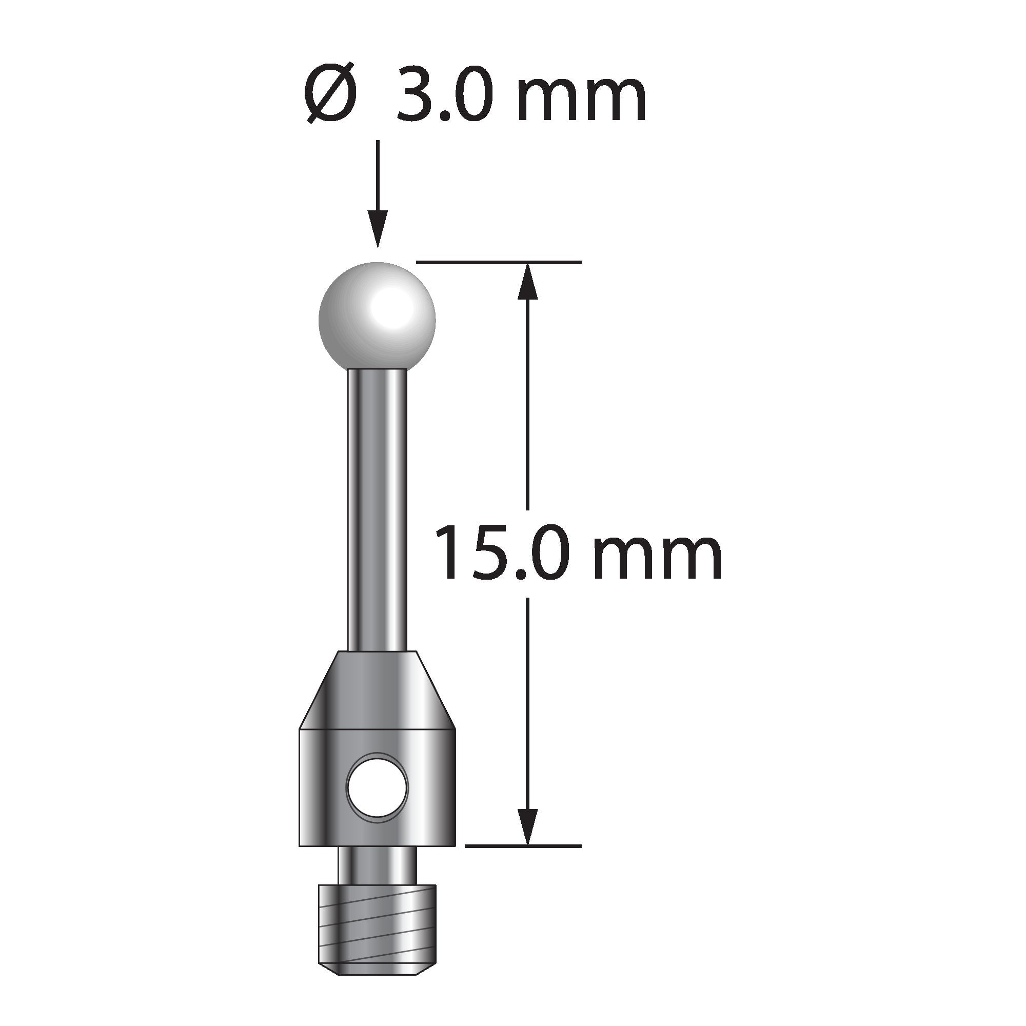 TM3-3015-Z M3 stylus with 3.0mm zirconia ball, carbide stem, and stainless steel base, 15.0mm long by Q-Mark Manufacturing, Inc.
