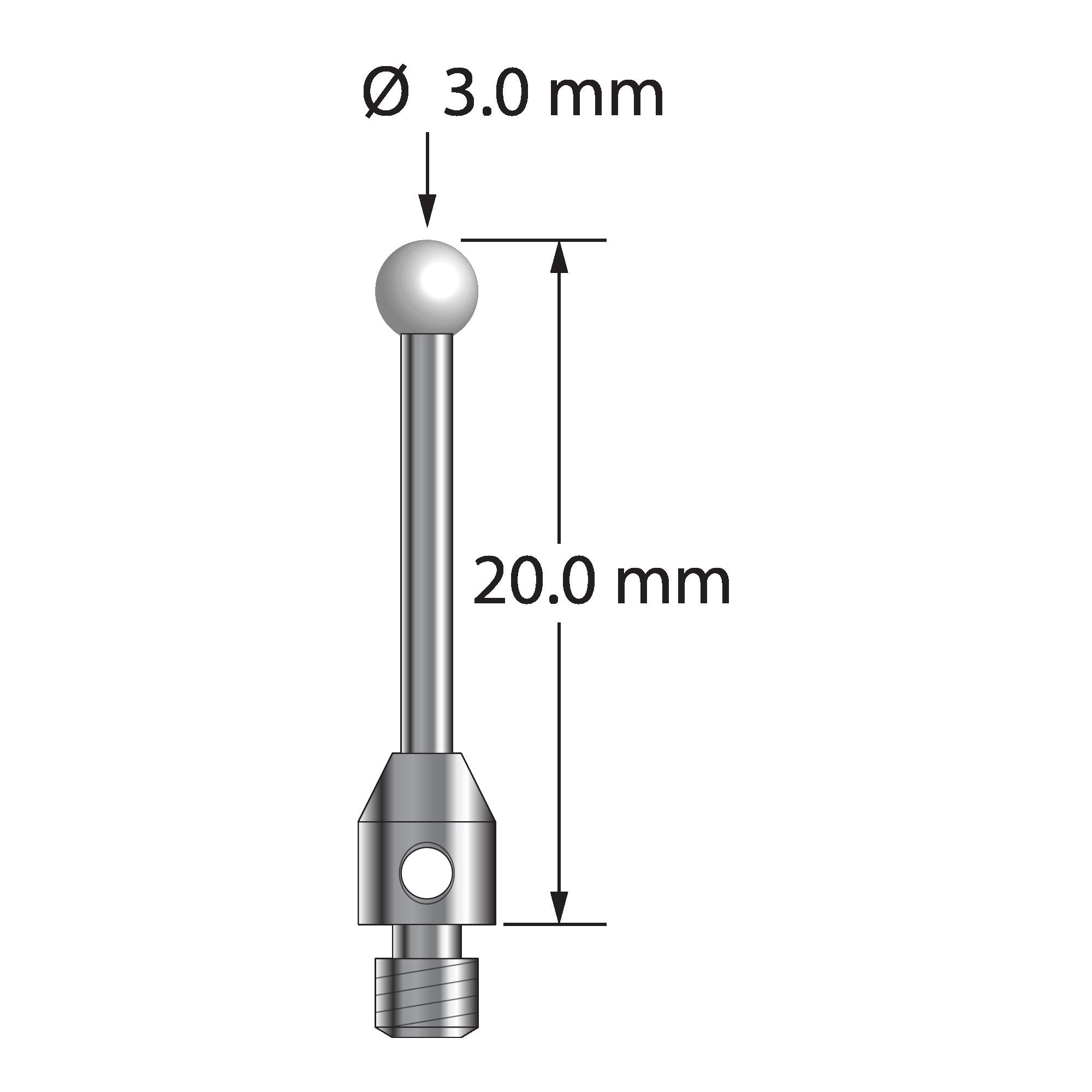 TM3-3020-Z M3 stylus with 3.0mm zirconia ball, carbide shaft, and stainless steel base, 20.0mm long by Q-Mark Manufacturing, Inc.