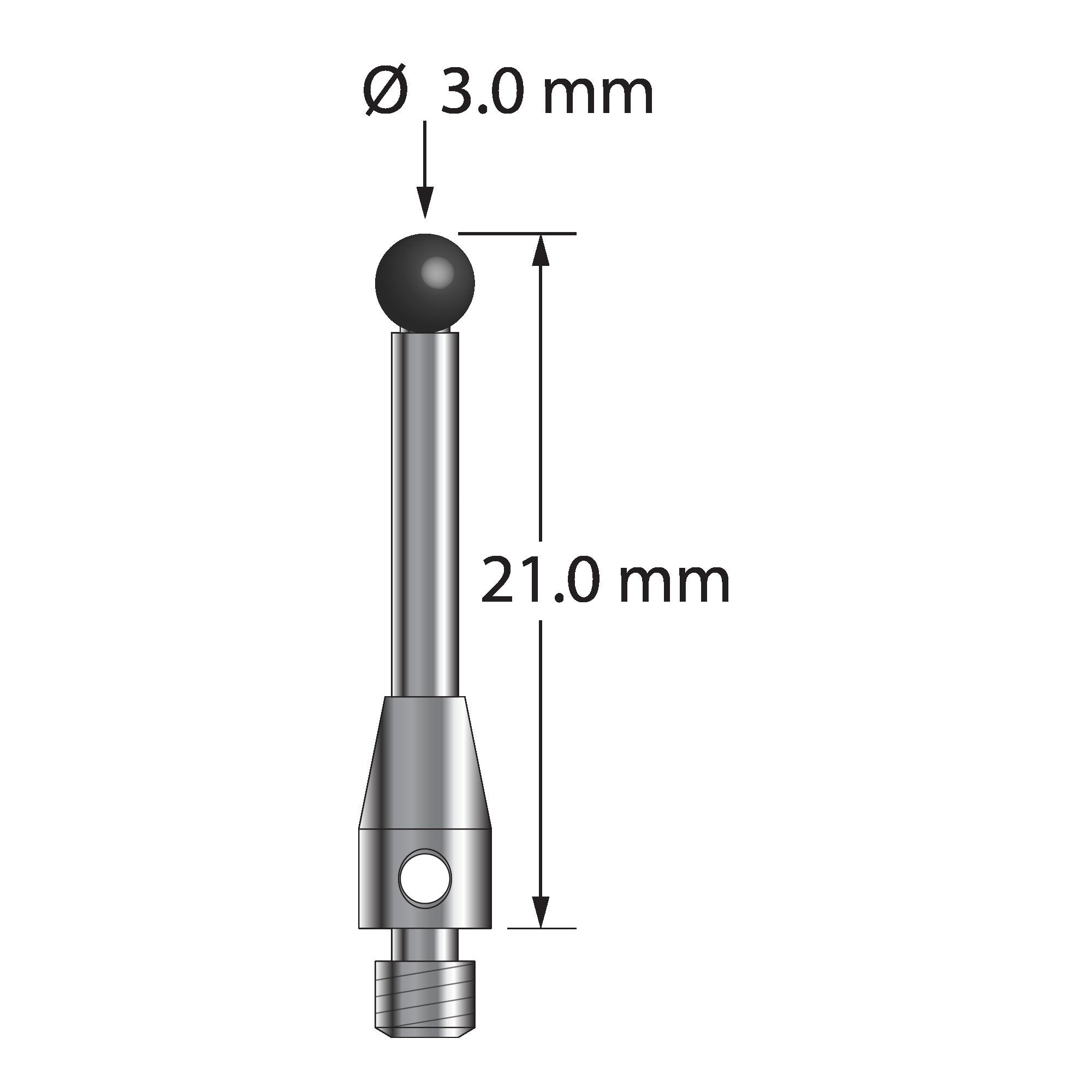 TM3-3021-8-SN M3 stylus with 3.0mm silicon nitride ball, carbide stem, and stainless steel base, 21.0mm long by Q-Mark Manufacturing, Inc.