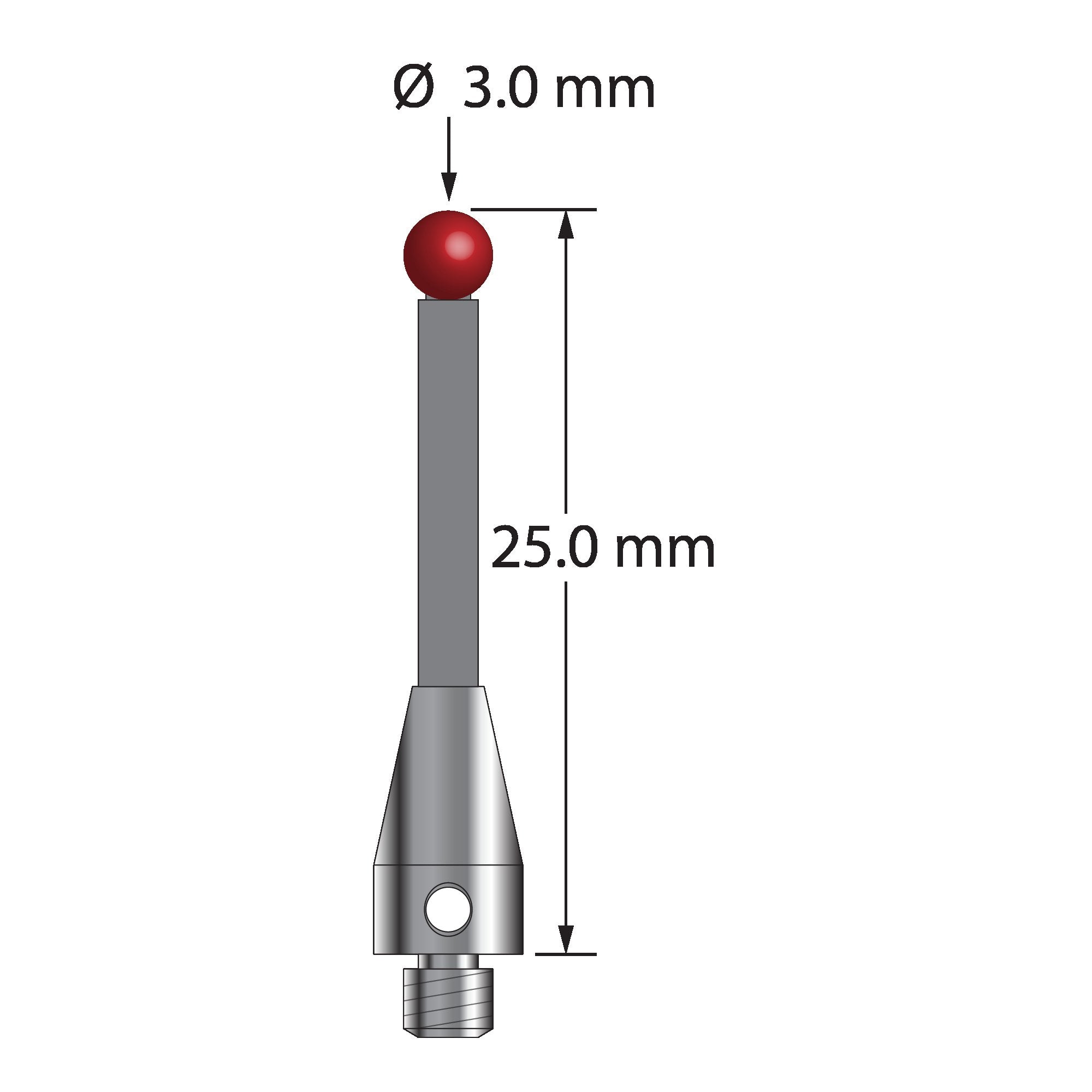 TM3-3025-TX M3 stylus with 3mm ruby ball, carbon fiber stem, and titanium base, 25mm long.