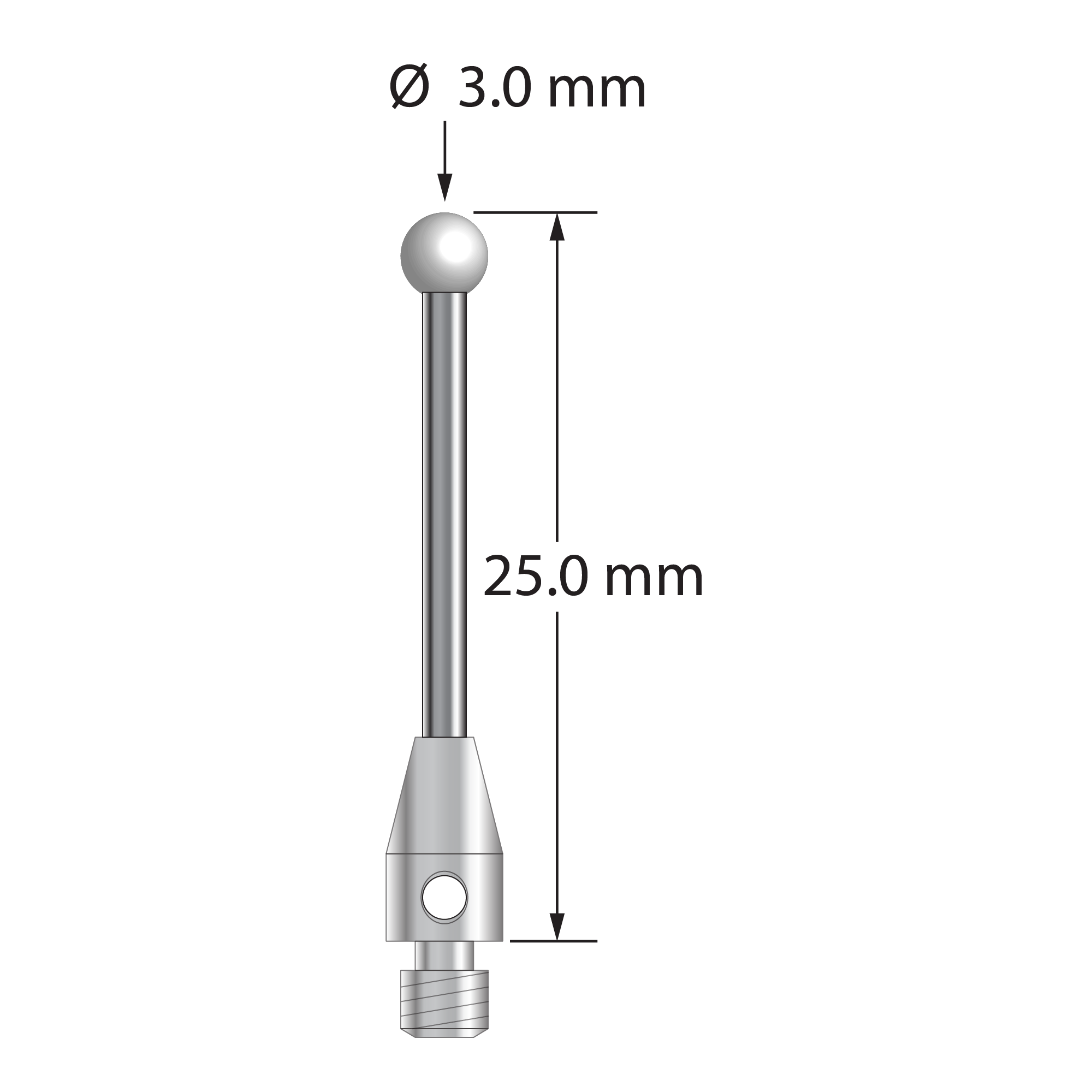 TM3-3025-Z M3 stylus with 3.0mm zirconia ball, carbide shaft, and stainless steel base, 25.0mm long by Q-Mark Manufacturing, Inc.