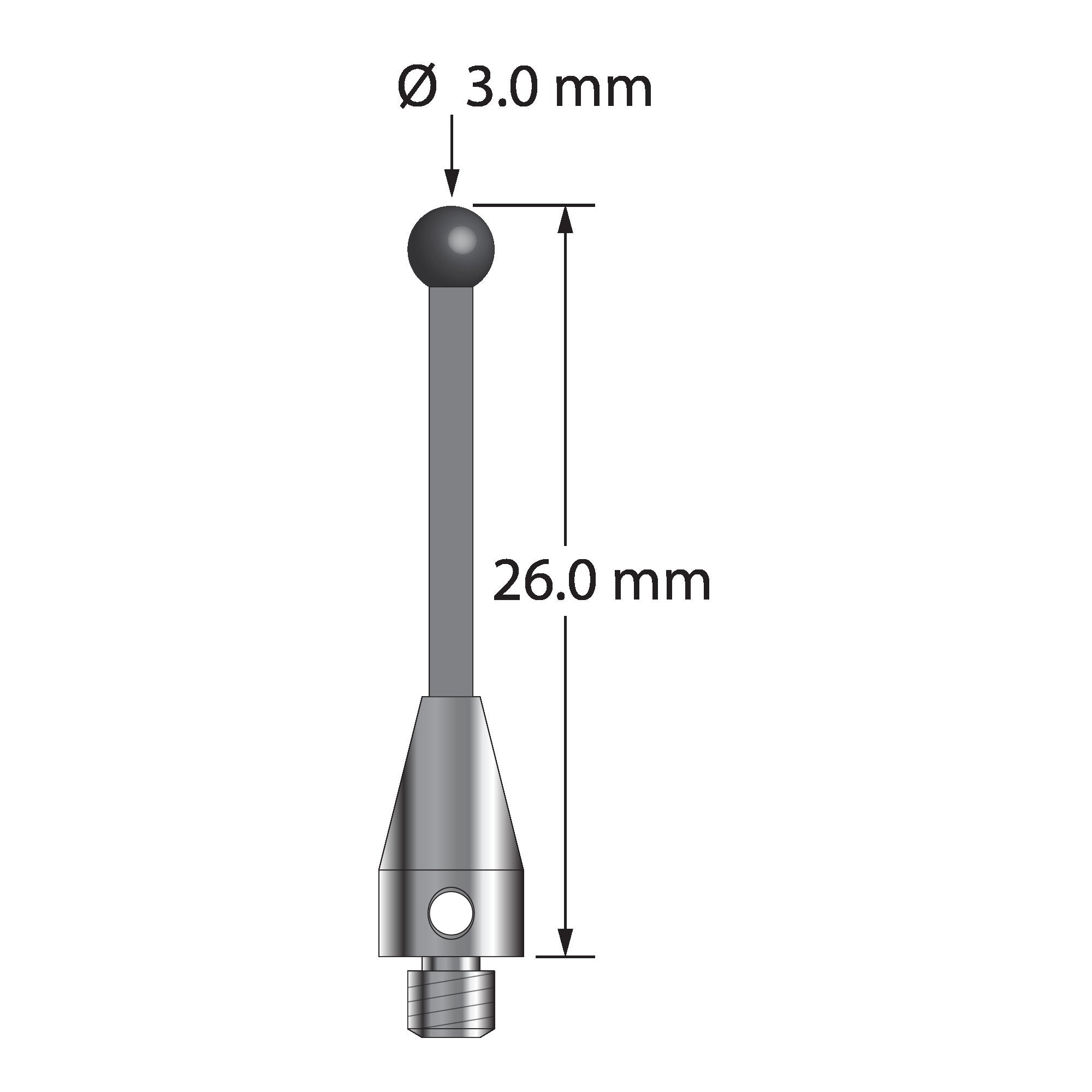 TM3-3026-TX-DS1.5-SN M3 stylus with 3.0mm silicon nitride ball, carbon fiber stem, titanium base, 26.0mm long by Q-Mark Manufacturing, Inc.