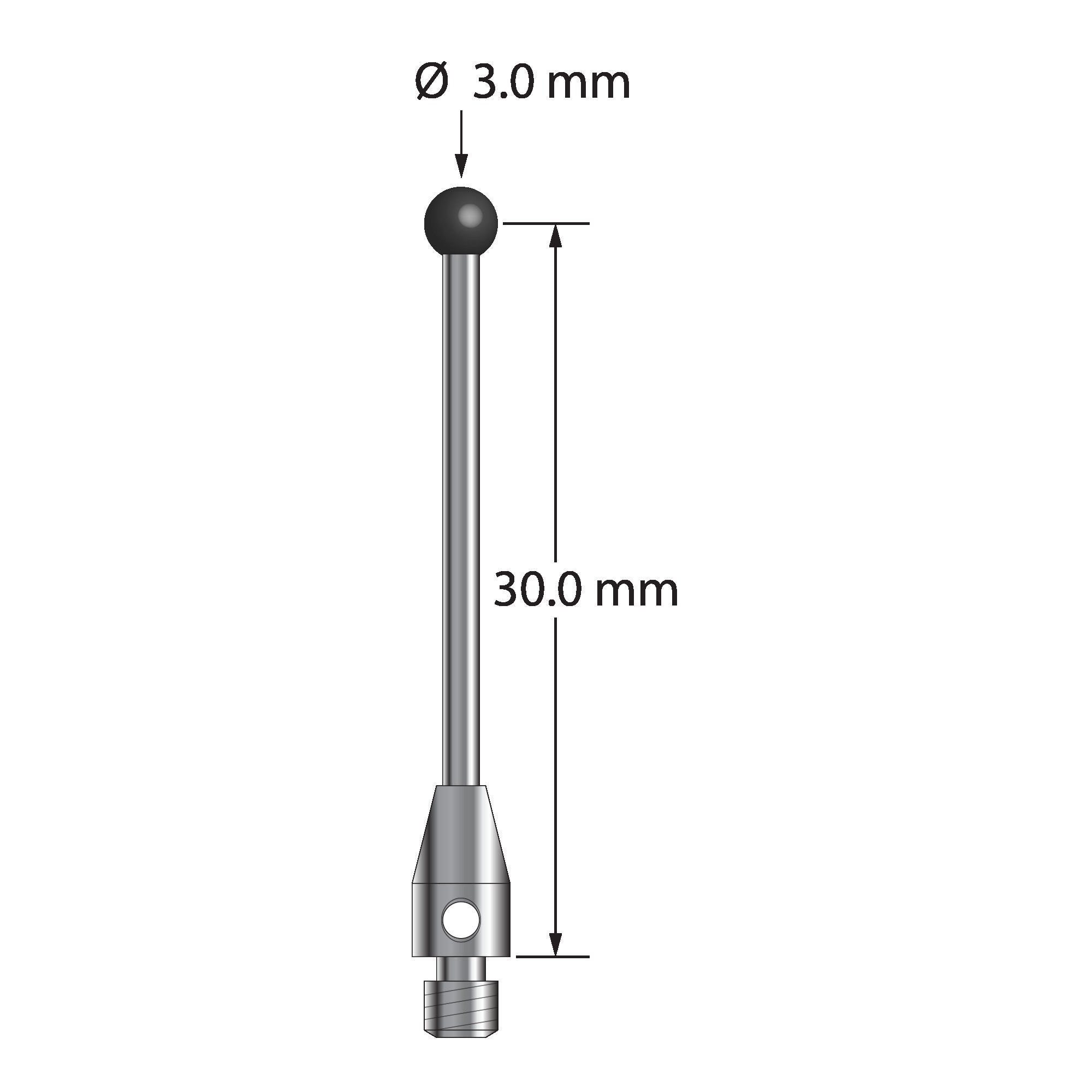 TM3-3031.5-DS1.5-SN M3 stylus with 3.0mm silicon nitride ball, carbide stem, stainless steel base.