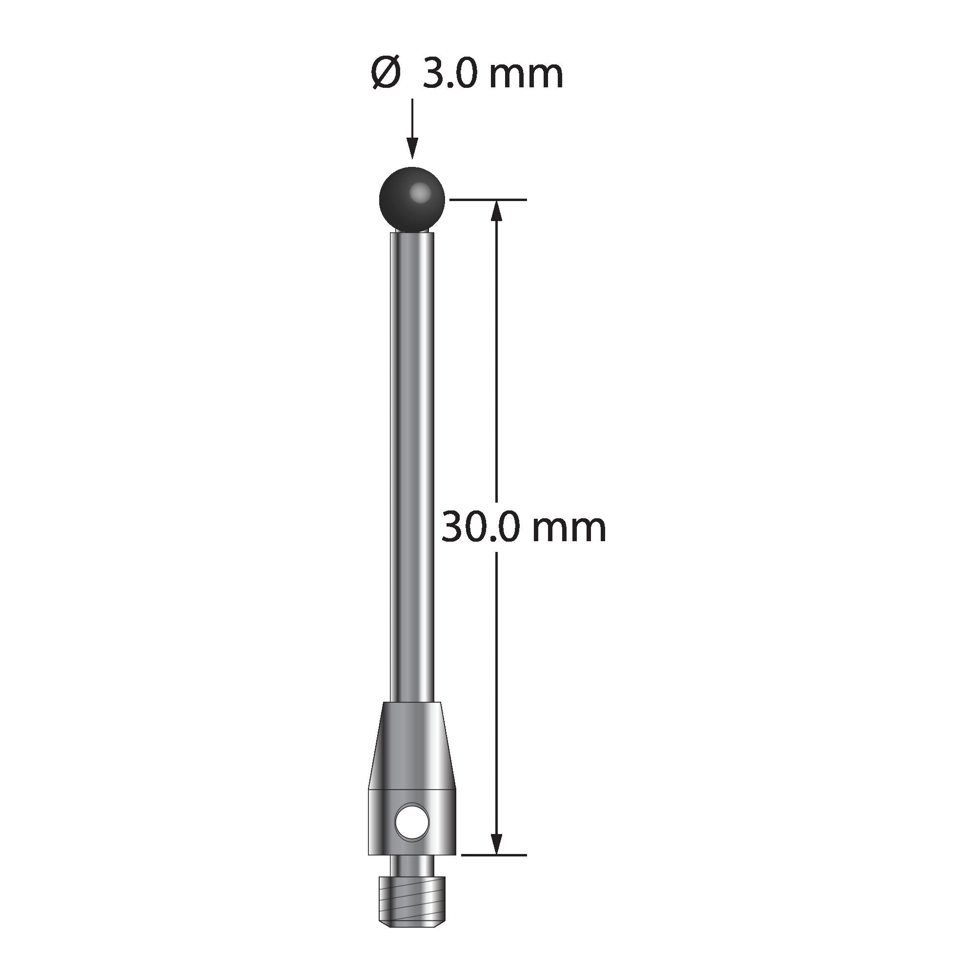 TM3-3031.5-DS2-SN M3 stylus with 3.0mm silicon nitride ball, carbide stem, and stainless steel base.