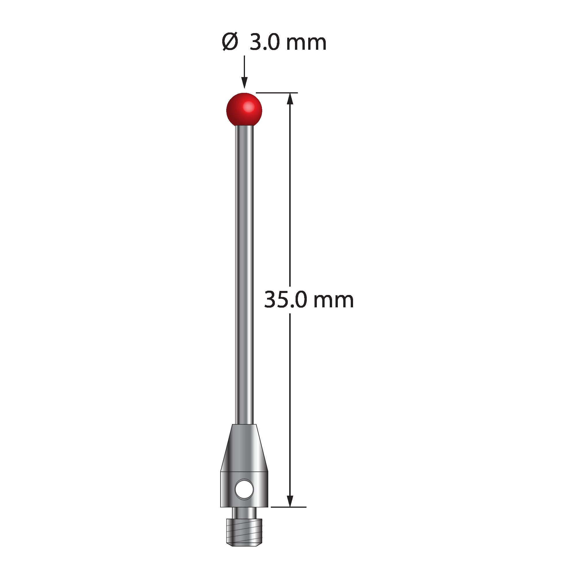 TM3-3035 M3 stylus with 3.0mm ruby ball, carbide stem, and stainless steel base, 35.0mm long by Q-Mark Manufacturing, Inc.