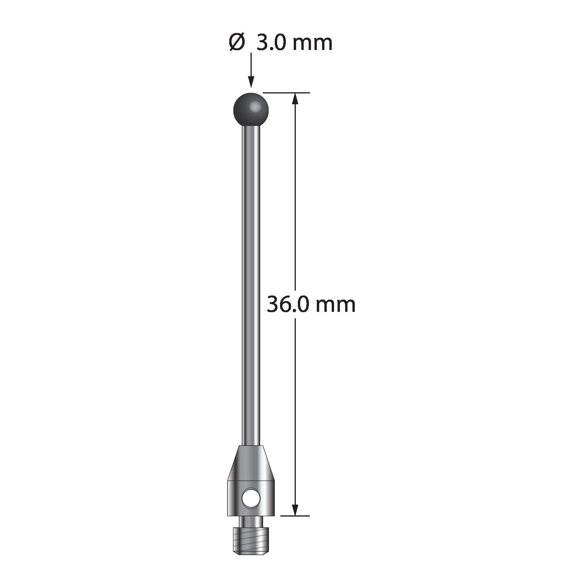 TM3-3036-DS1.5-SN M3 stylus with 3.0mm silicon nitride ball, carbide stem, stainless steel base, 35.0mm long.