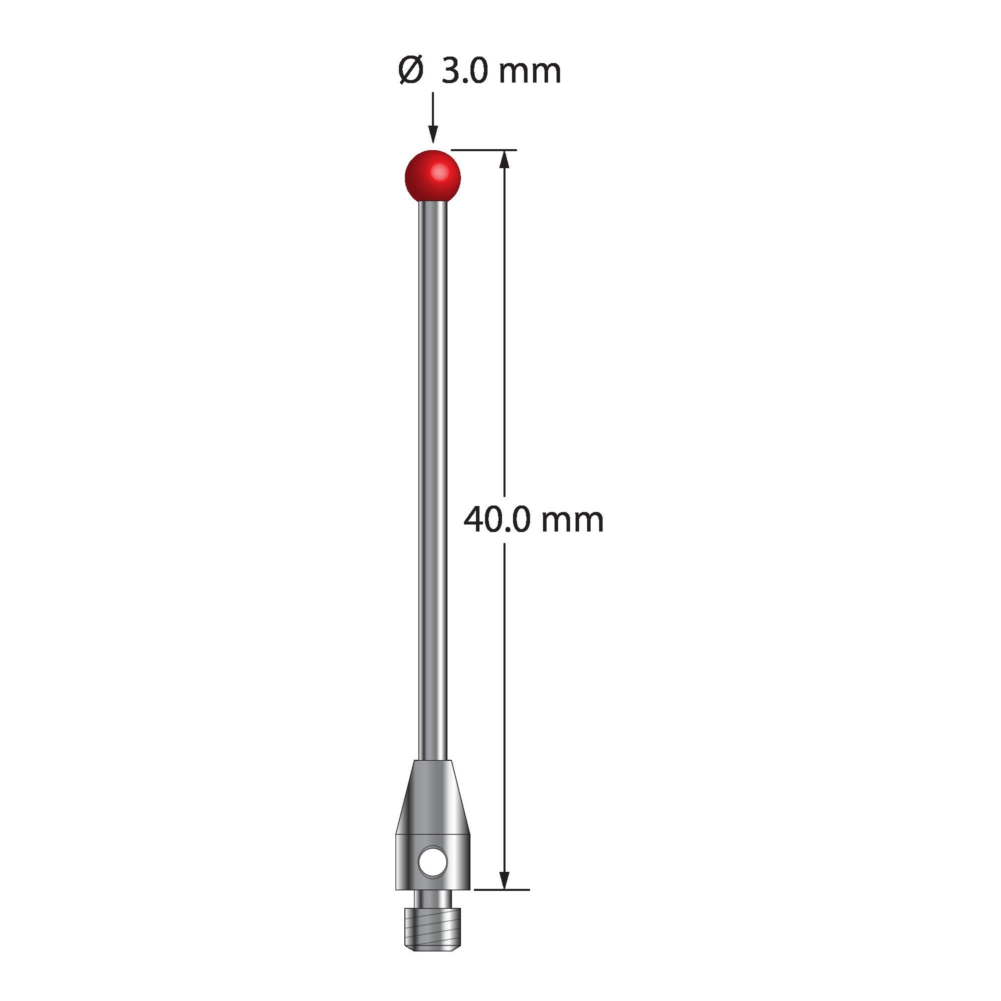 TM3-3040-DS1.5 M3 stylus with 3.0mm ruby ball, carbide shaft, and stainless steel base, 40.0mm long.