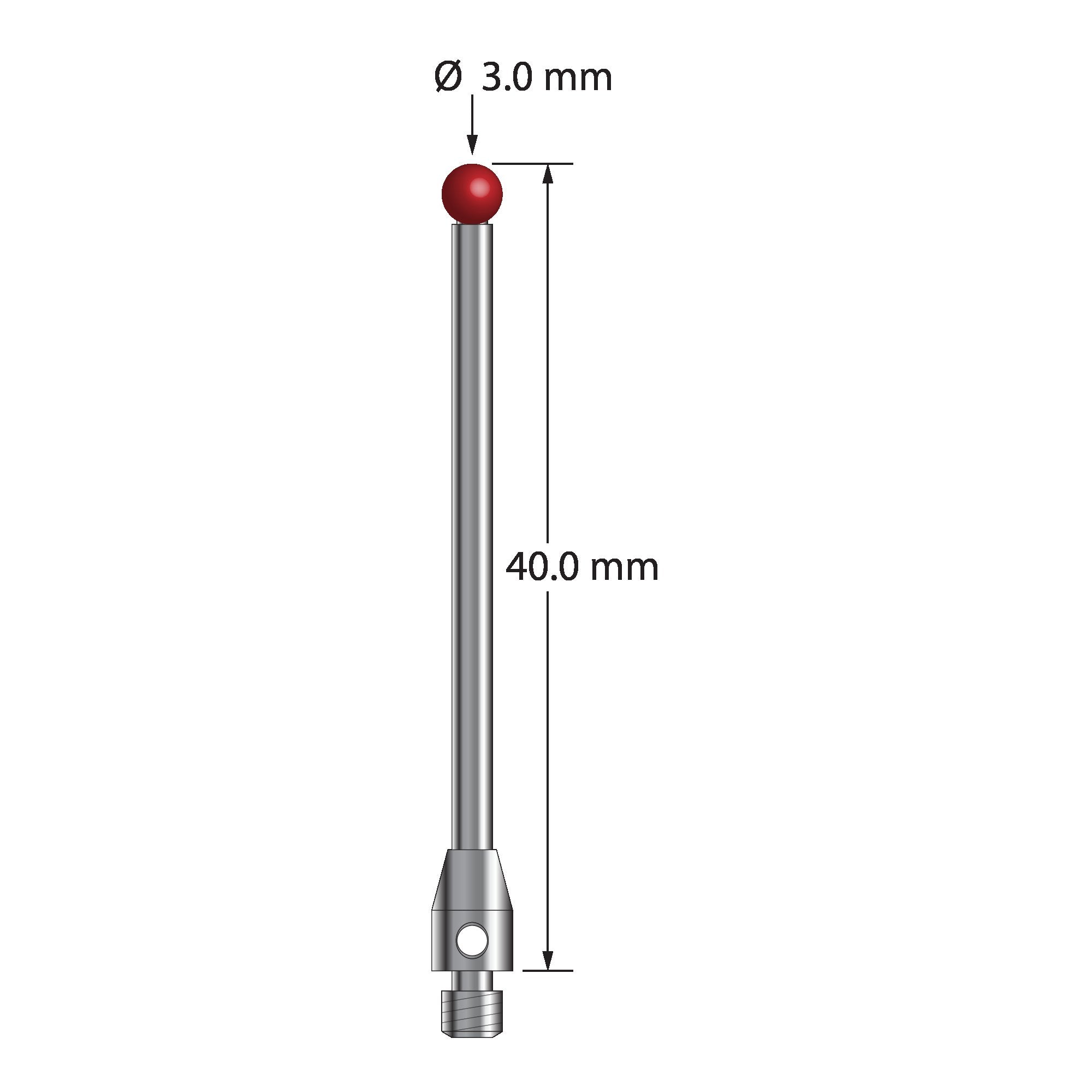 TM3-3040 M3 stylus with 3.0mm ruby ball, carbide stem, and stainless steel base, 40.0mm long by Q-Mark Manufacturing, Inc.