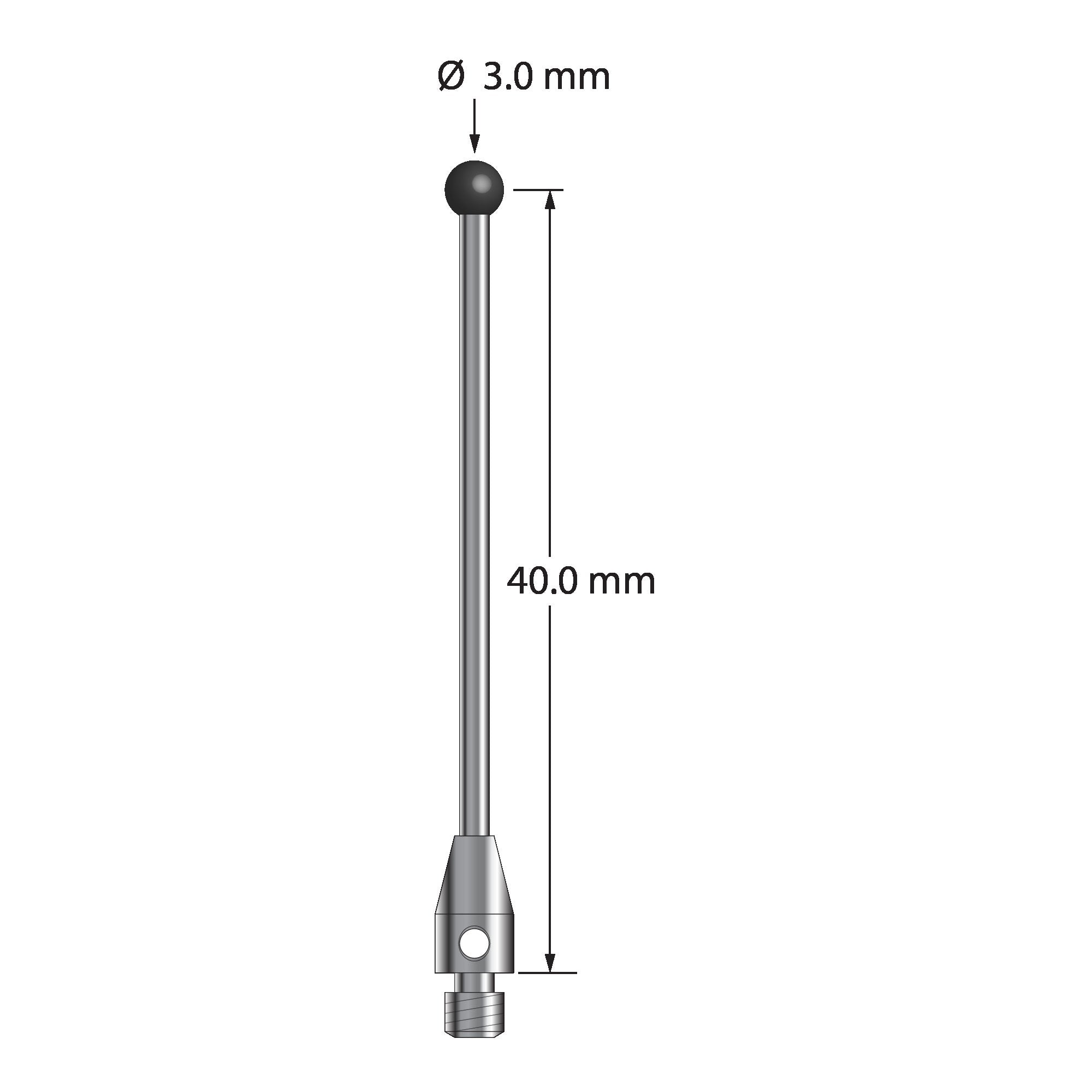 TM3-3041.5-DS1.5-SN M3 stylus with 3.0mm silicon nitride ball, carbide shaft, and stainless steel base.