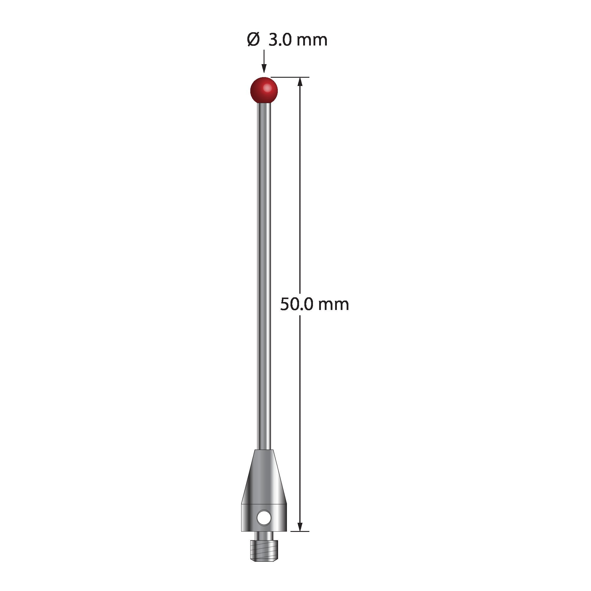TM3-3050-TX-DS1.5 M3 ruby ball stylus with carbide stem and titanium base, 50mm long.