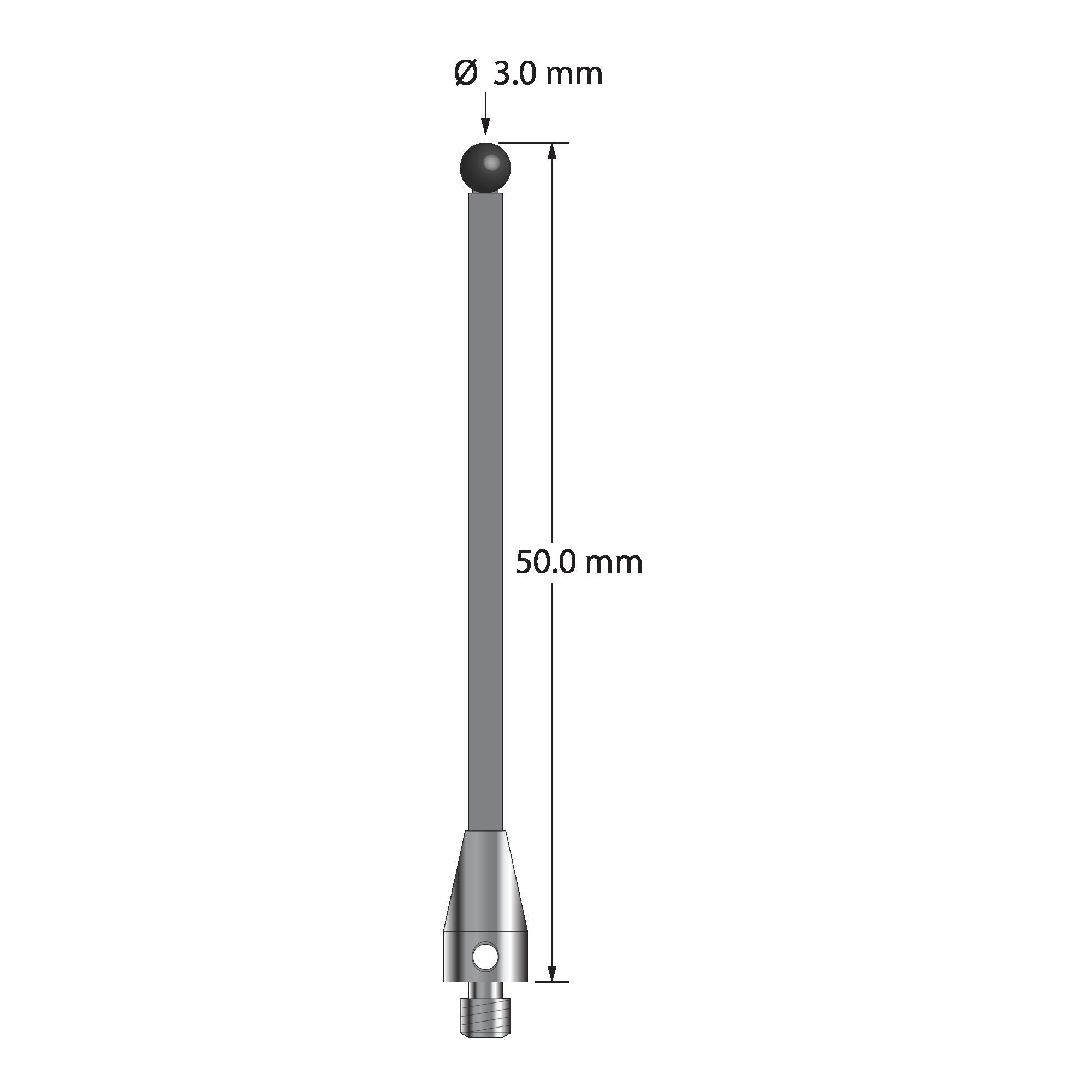 TM3-3050-TX-SN M3 stylus with 3.0mm silicon nitride ball, carbon fiber stem, and titanium base, 50mm long.