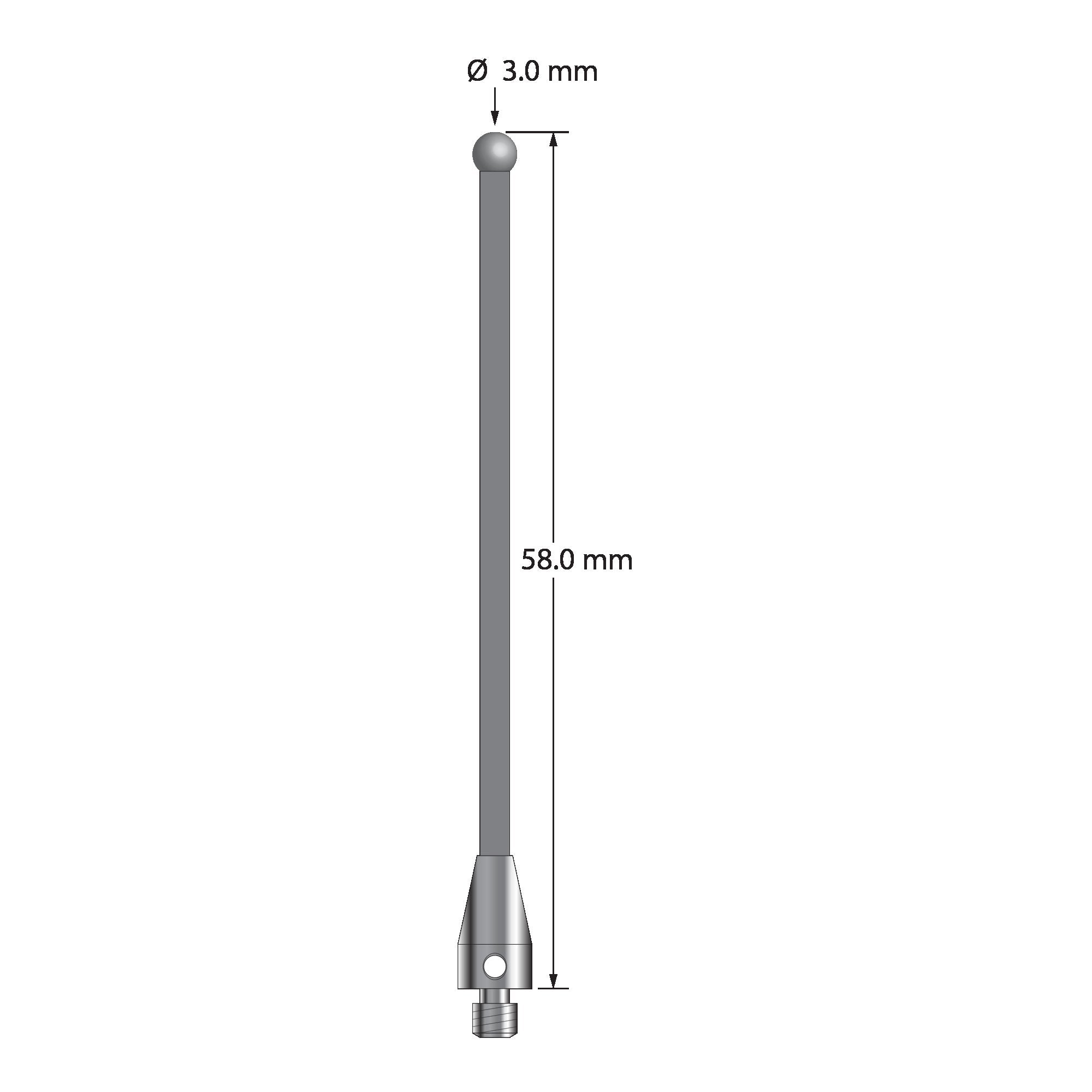 TM3-3058-TX-D M3 stylus with 3.0mm solid diamond sphere, carbon fiber stem, and titanium base, 58.0mm long by Q-Mark Manufacturing, Inc.
