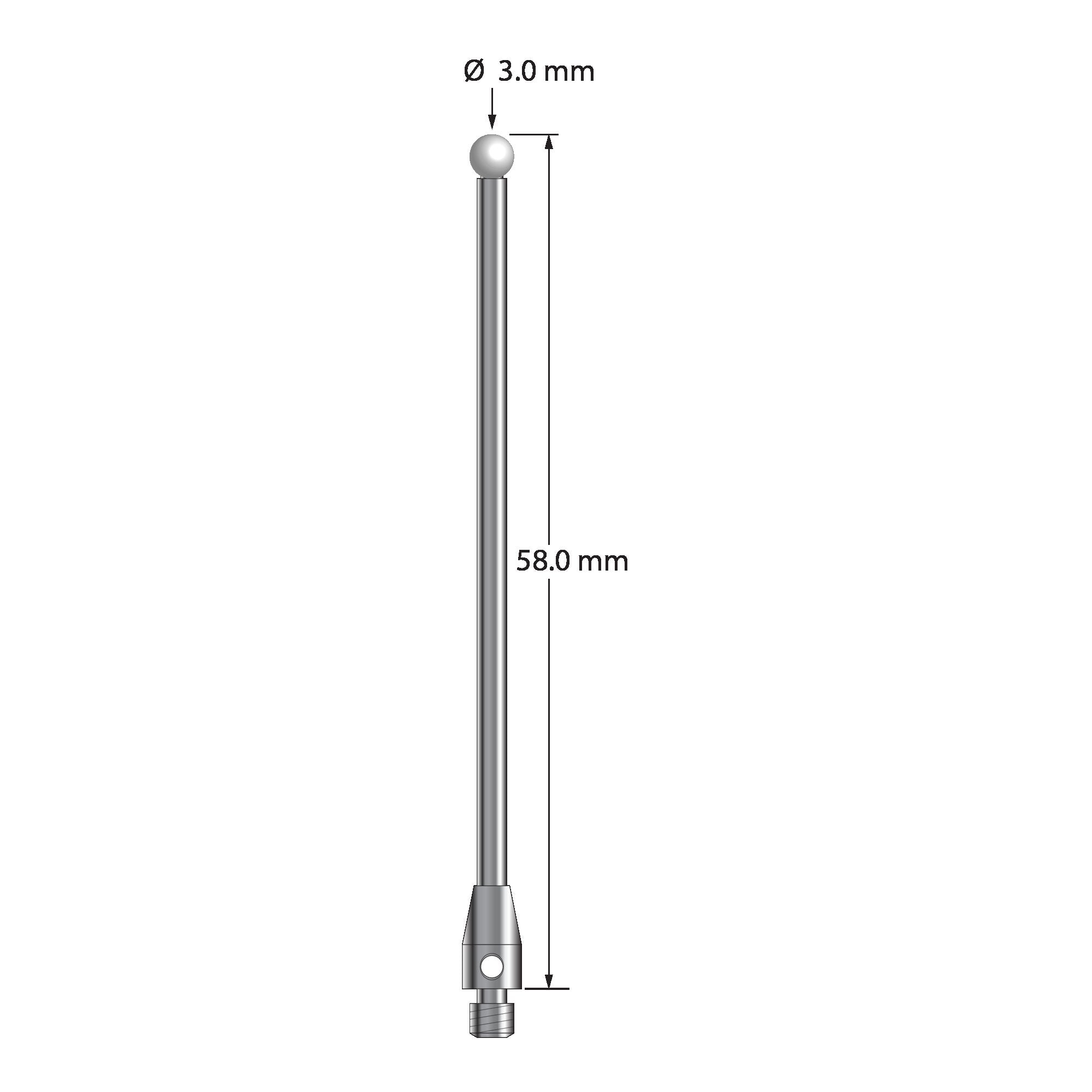TM3-3058-Z M3 stylus with 3.0mm zirconia ball, carbide shaft, and stainless steel base, 58.0mm long by Q-Mark Manufacturing, Inc.