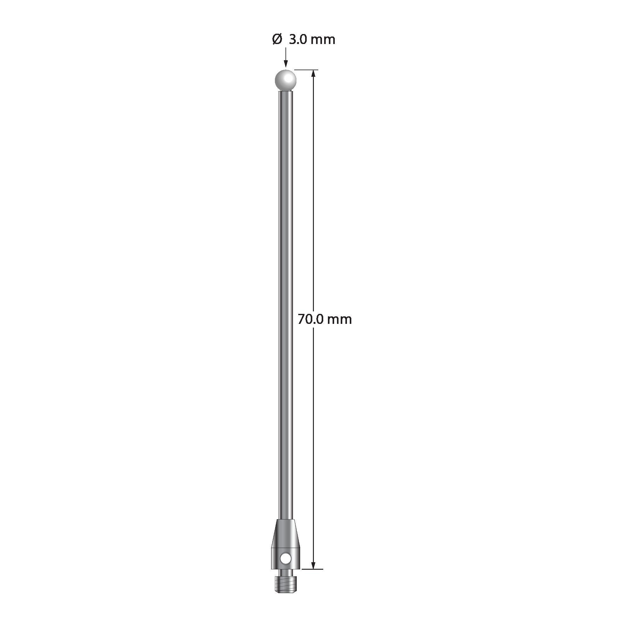TM3-3070-Z M3 stylus with 3.0mm zirconia ball, carbide shaft, and stainless steel base, 70mm long.