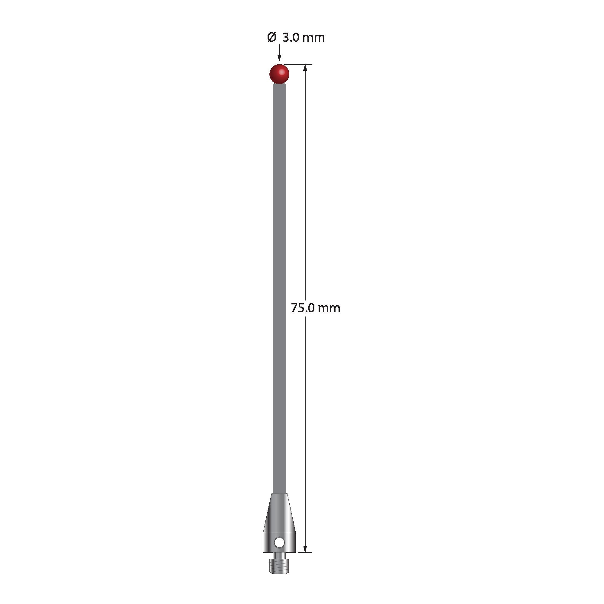 TM3-3075-TX M3 ruby ball stylus with carbon fiber stem and titanium base, 75mm long, by Q-Mark.