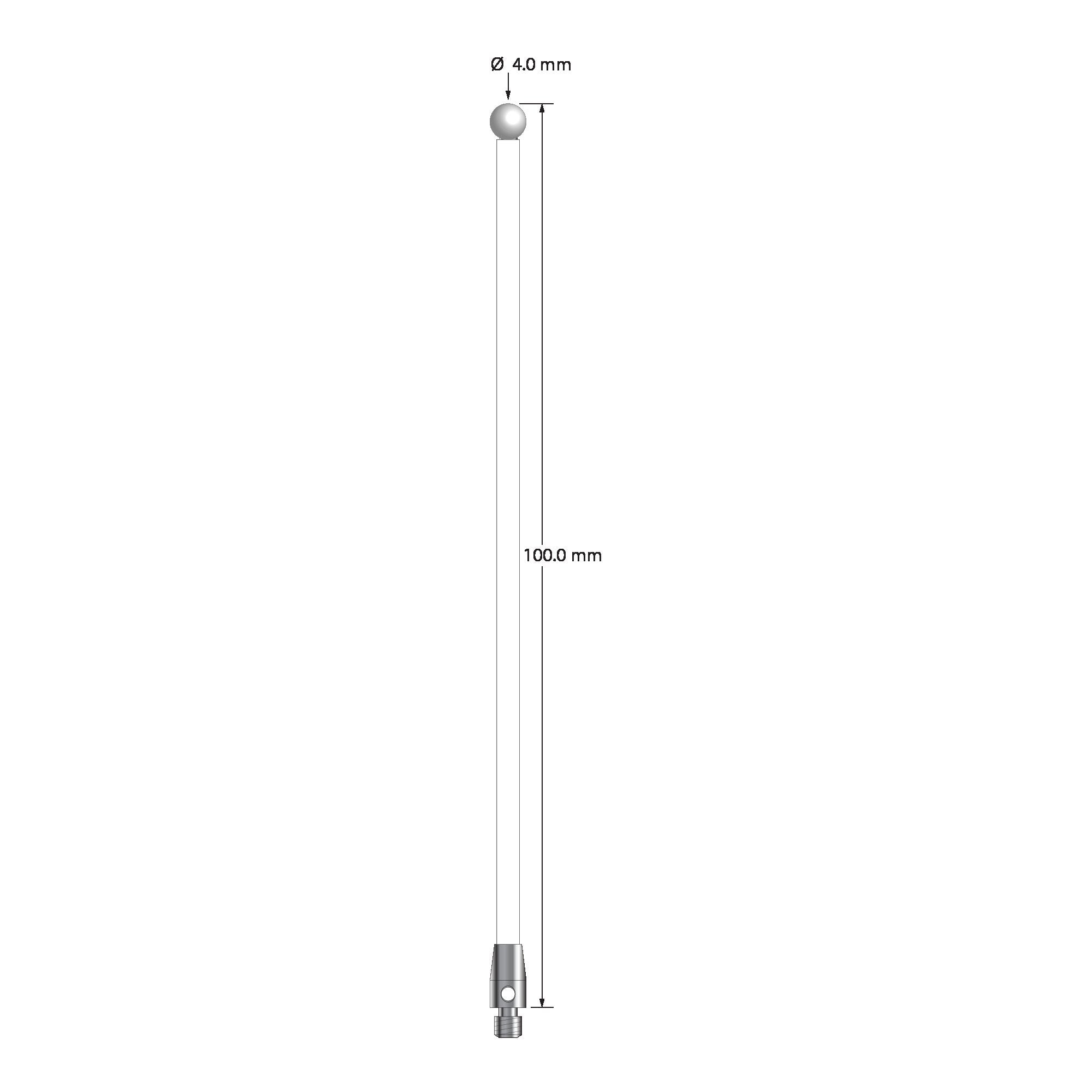 TM3-40100-C-Z M3 stylus with 4.0mm zirconia ball, ceramic shaft, and stainless steel base, 100mm long.