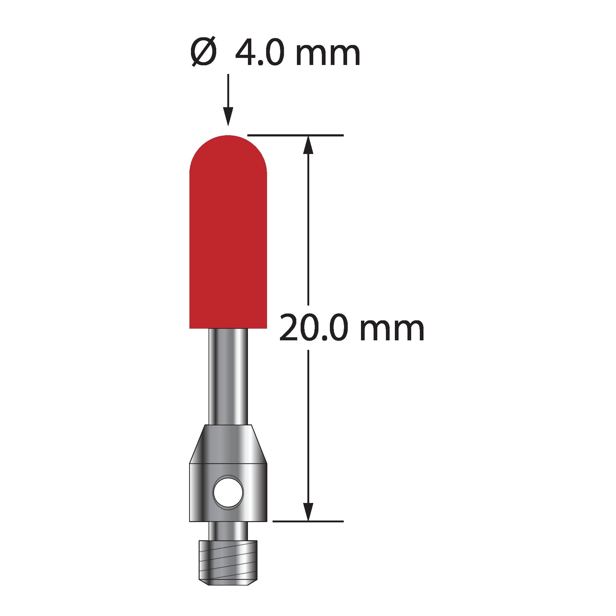 TM3-4020-B M3 stylus with ruby cylinder, carbide stem, and stainless steel base. Overall length 20.0 mm by Q-Mark Manufacturing, Inc.
