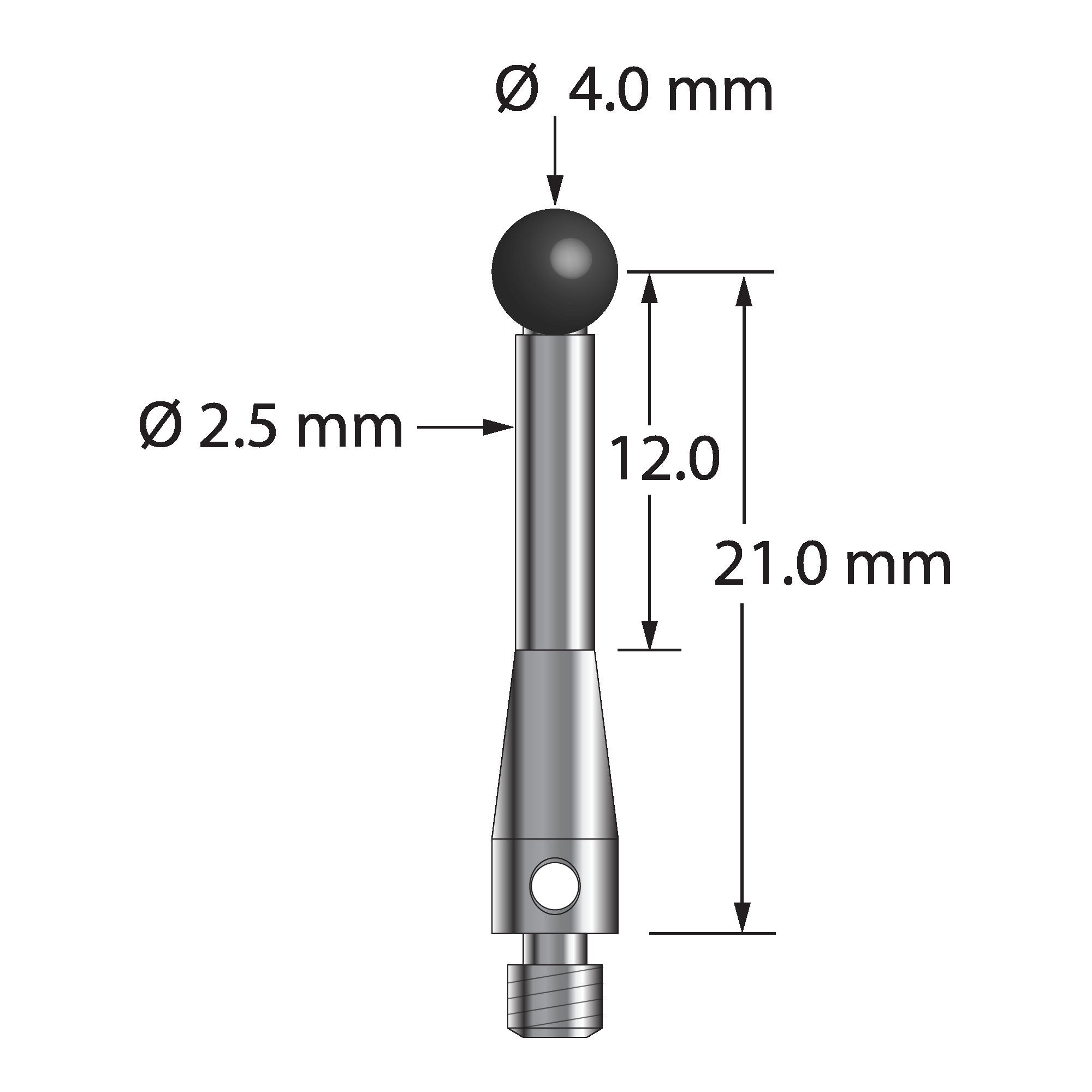 TM3-4023-S-SN M3 stylus with 4.0mm silicon nitride ball and stainless steel base, 21.0mm long by Q-Mark Manufacturing, Inc.