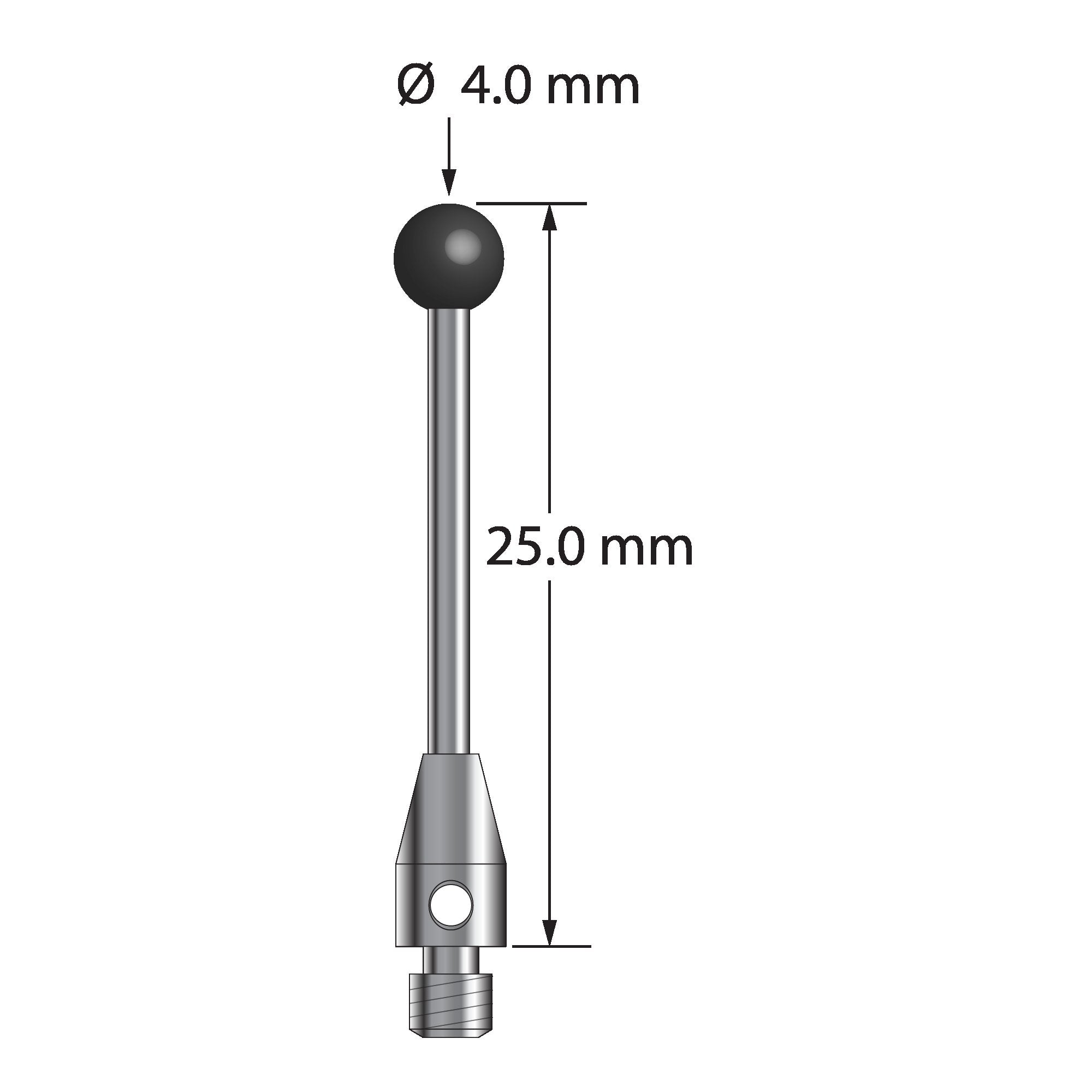 TM3-4025-SN M3 stylus with 4.0mm silicon nitride ball, carbide stem, and stainless steel base, 25.0mm long.