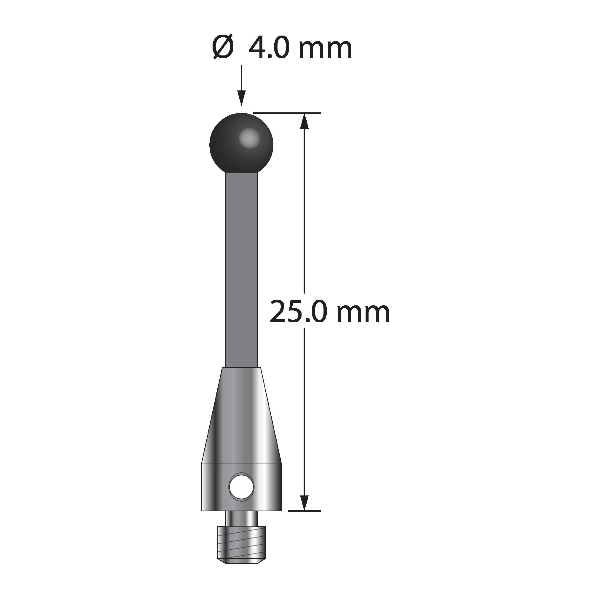 TM3-4025-TX-SN M3 stylus with 4.0mm silicon nitride ball, carbon fiber stem, and titanium base, 25mm long.