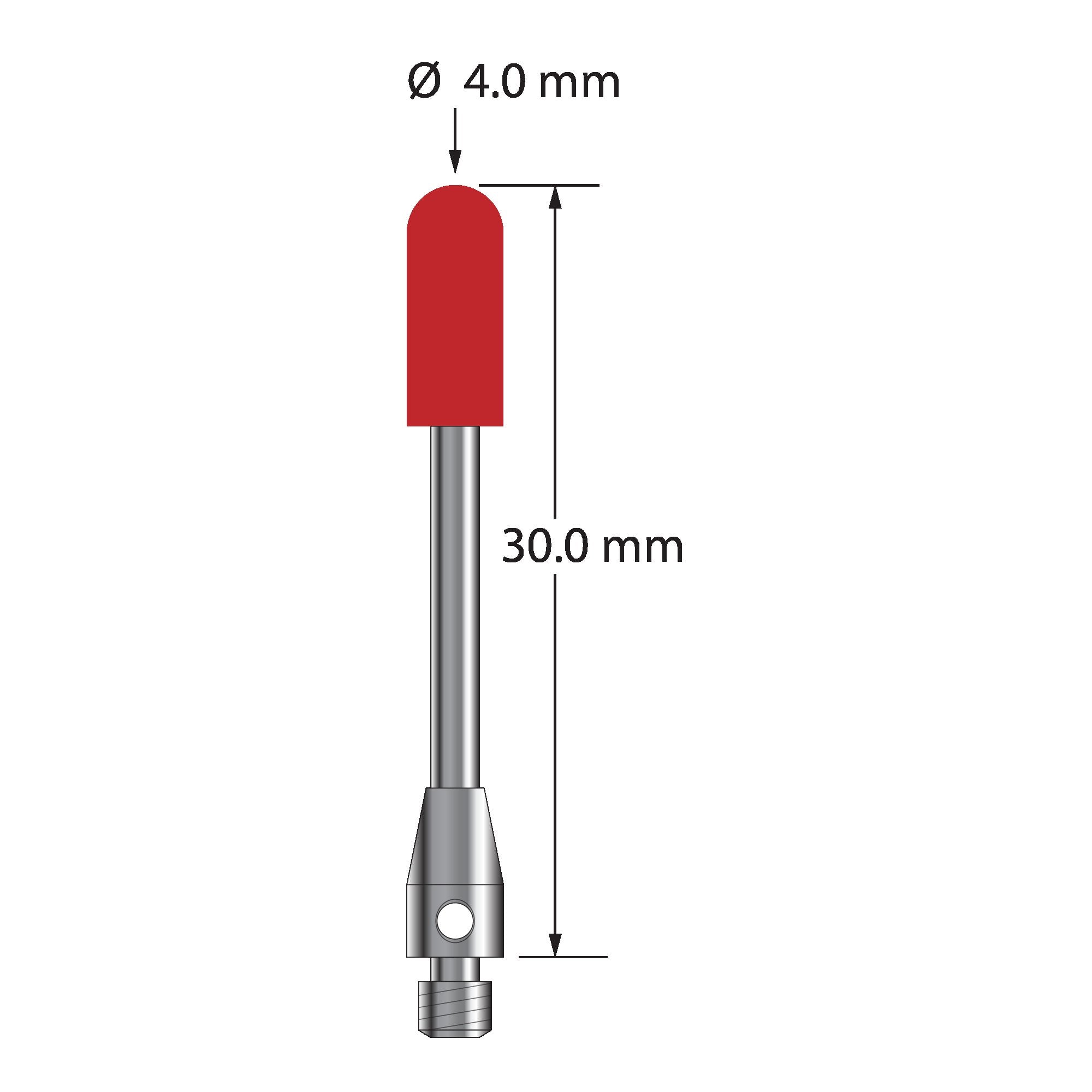 TM3-4030-B M3 ruby cylinder stylus with carbide stem and stainless steel base, 30mm long.